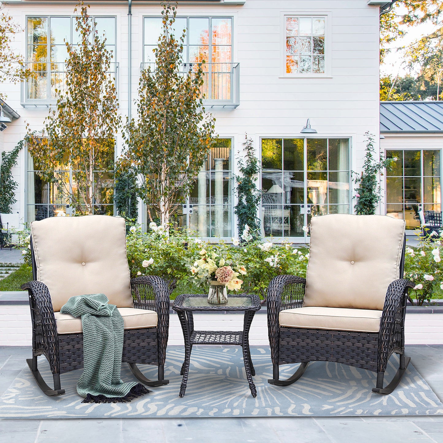 JP Outdoor 3Pcs Indoor or Outdoor Wicker Rocking Porch Chairs with Coffee Table,Kahki