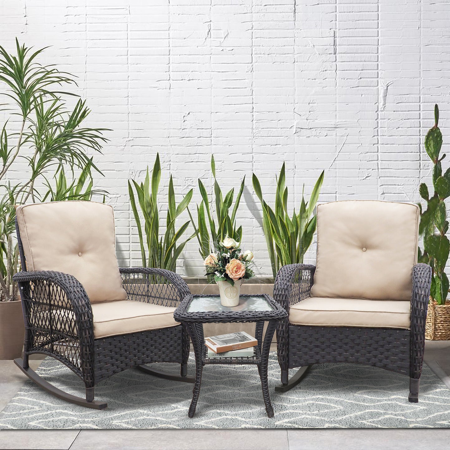 JP Outdoor 3Pcs Indoor or Outdoor Wicker Rocking Porch Chairs with Coffee Table,Kahki
