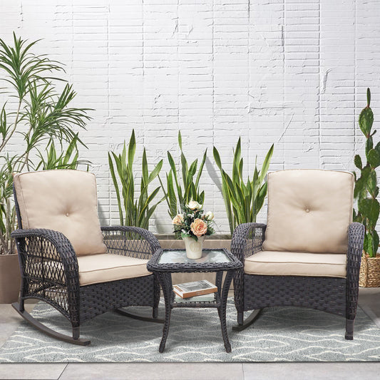 JP Outdoor 3Pcs Indoor or Outdoor Wicker Rocking Porch Chairs with Coffee Table,Kahki