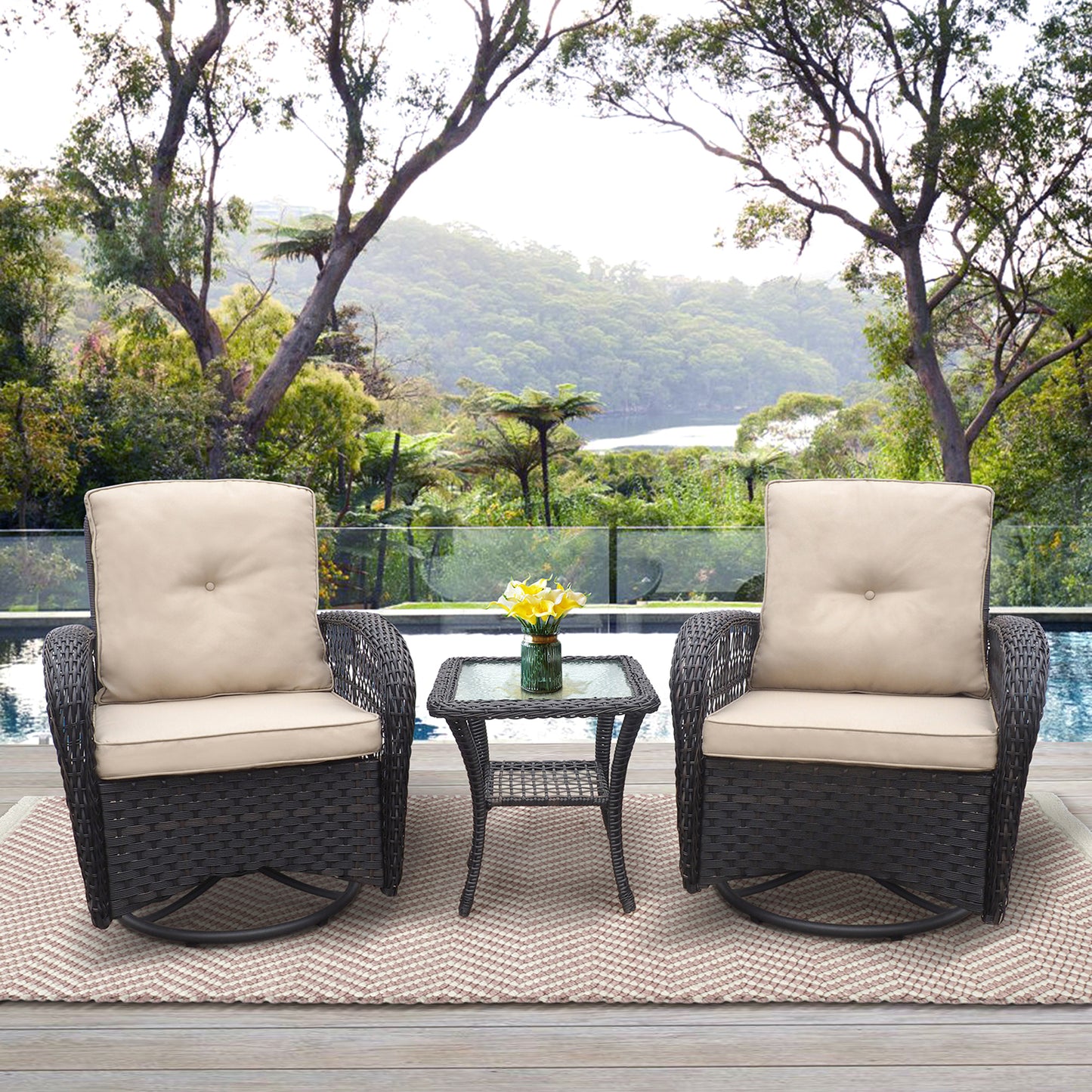JP Outdoor Indoor or Outdoor Swivel Patio Rocker Chairs with Side Table,Kahki