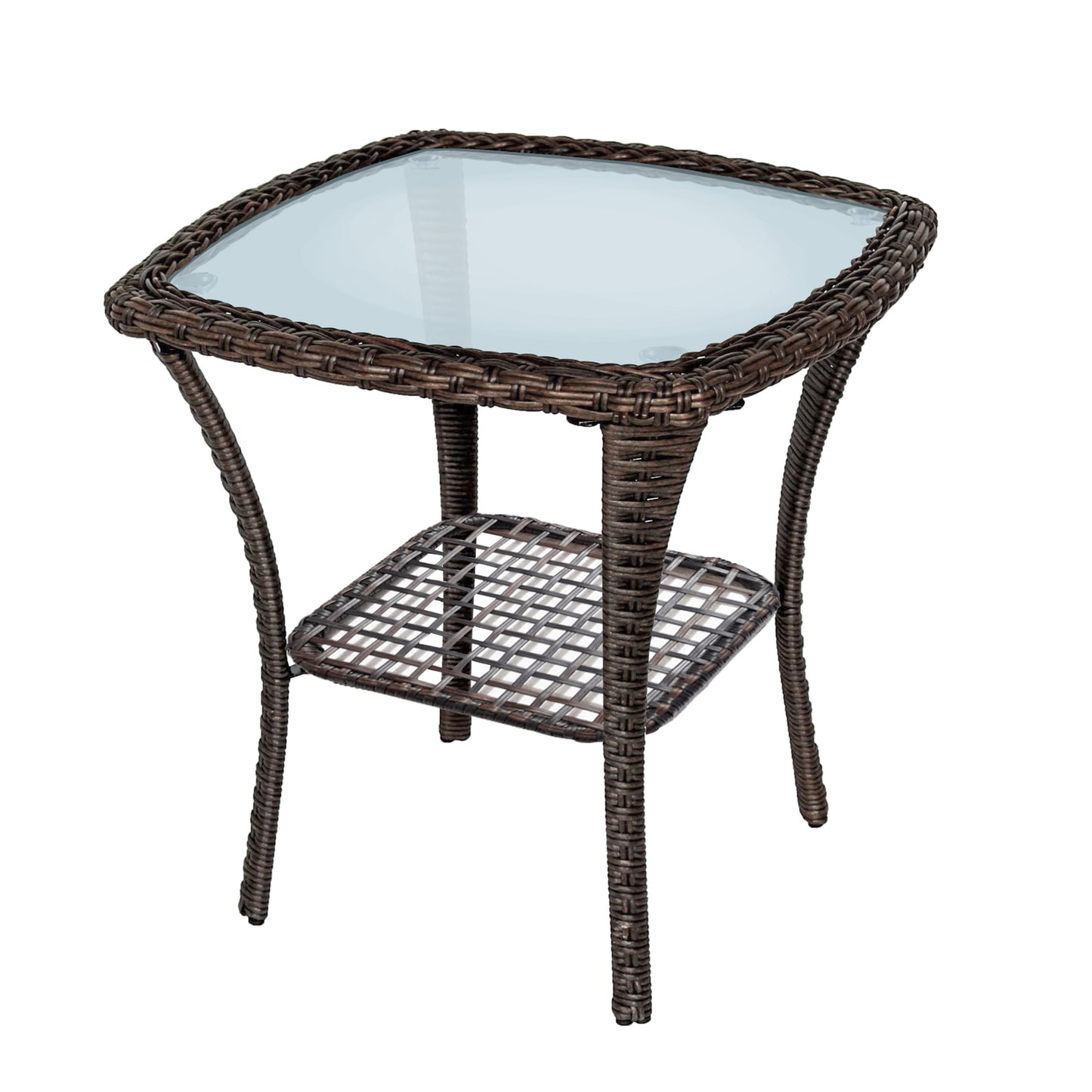 P OUTDOOR Indoor Outdoor Coffee Table, Hand-Woven Wicker Tempered Glass Top Side Table with Storage Space