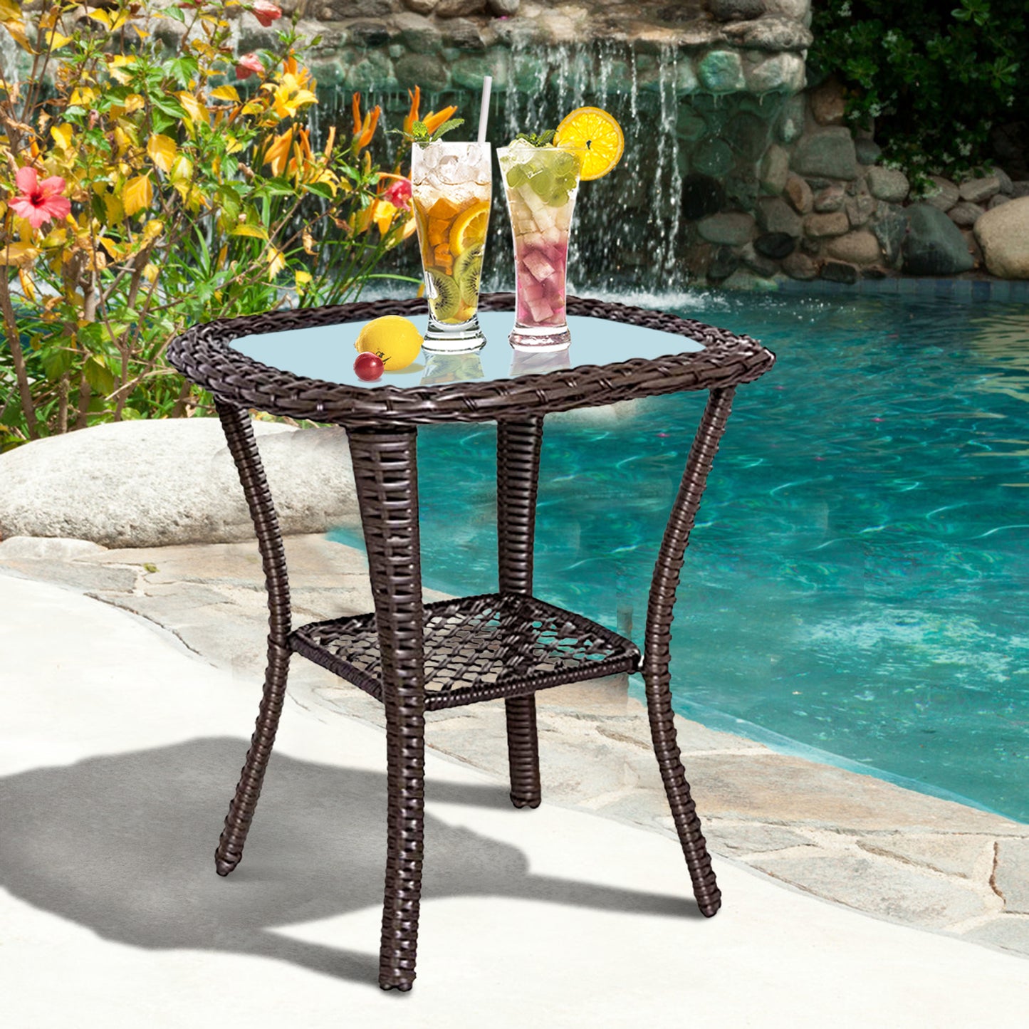 P OUTDOOR Indoor Outdoor Coffee Table, Hand-Woven Wicker Tempered Glass Top Side Table with Storage Space
