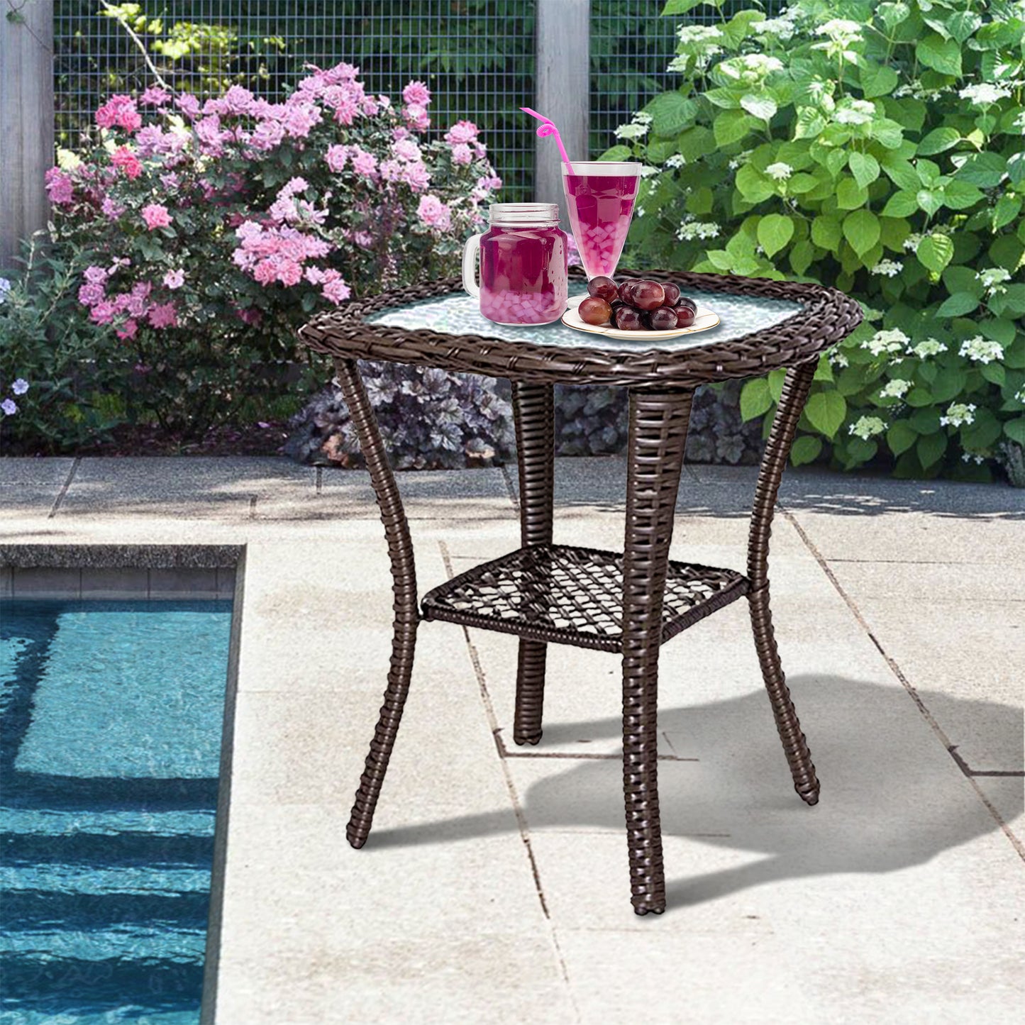 P OUTDOOR Indoor Outdoor Coffee Table, Hand-Woven Wicker Tempered Glass Top Side Table with Storage Space