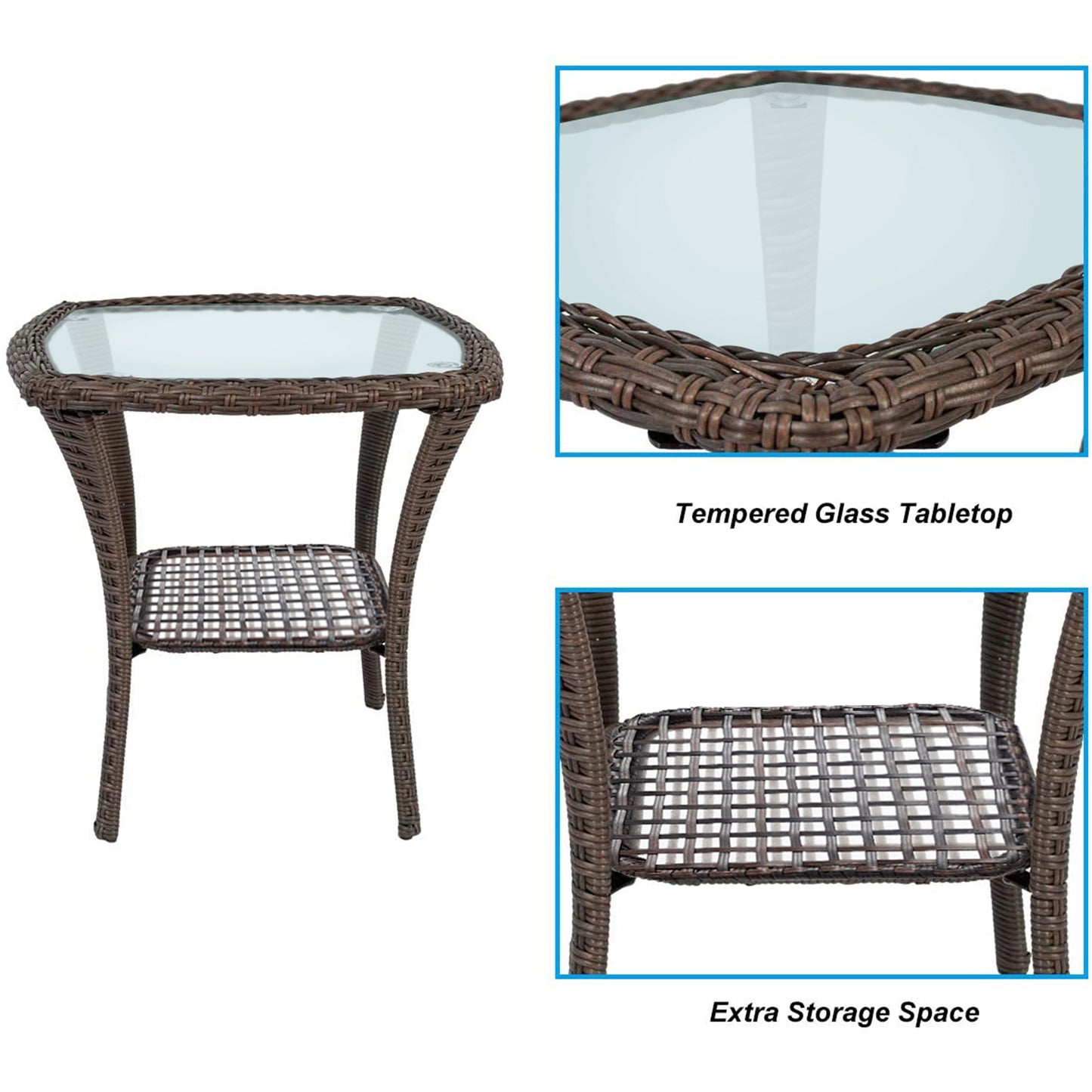 P OUTDOOR Indoor Outdoor Coffee Table, Hand-Woven Wicker Tempered Glass Top Side Table with Storage Space
