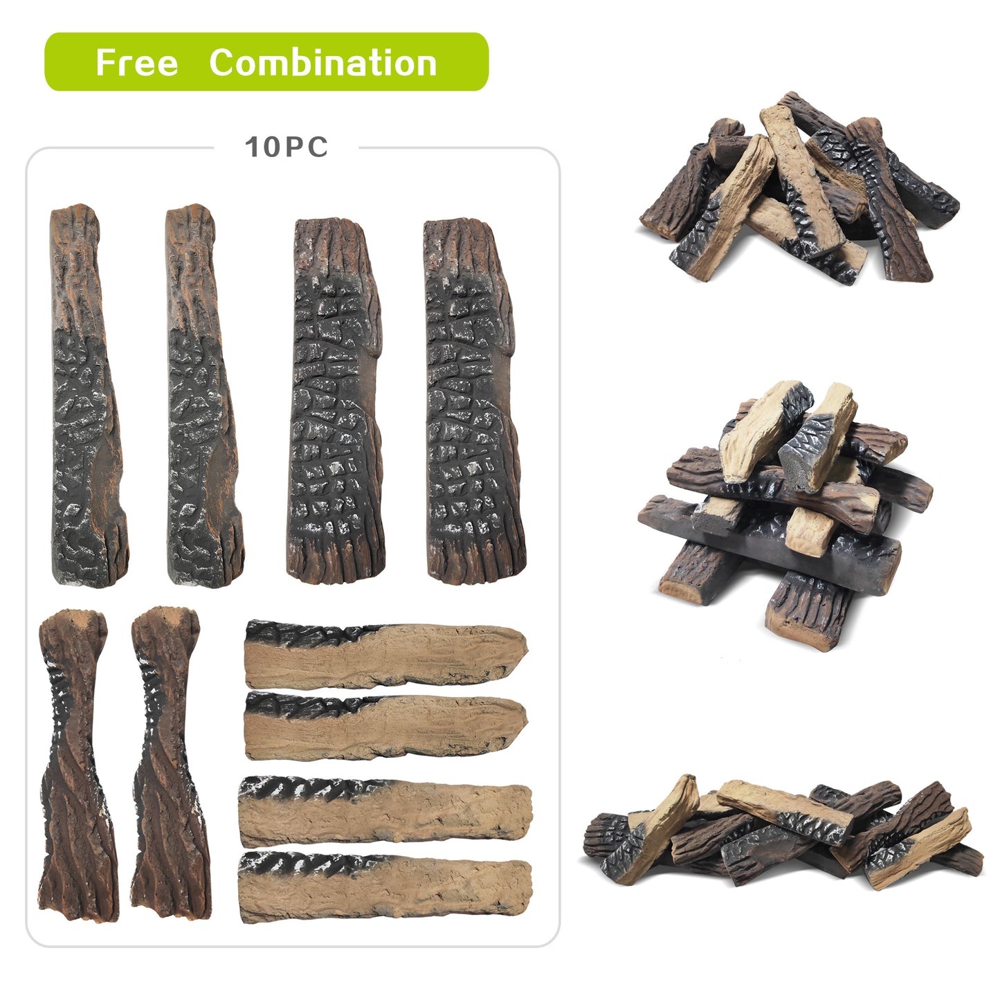 JP OUTDOOR 10PCS Large Gas Fireplace Logs, Ceramic Wood Logs Decor for Indoor and Outdoor Firepit
