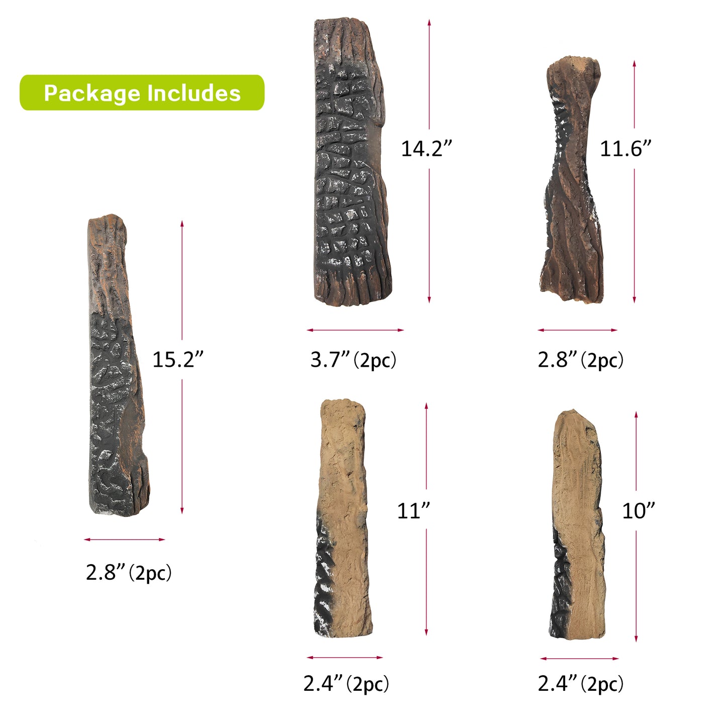 JP OUTDOOR 10PCS Large Gas Fireplace Logs, Ceramic Wood Logs Decor for Indoor and Outdoor Firepit