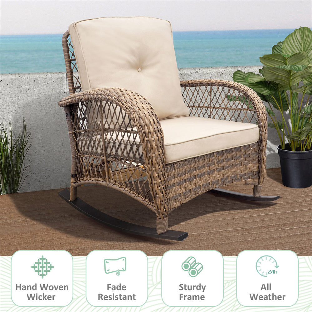 JP Outdoor Modern Farmhouse Wicker Rocking Chair for Outdoor Patio,Khaki(Beige Wicker)