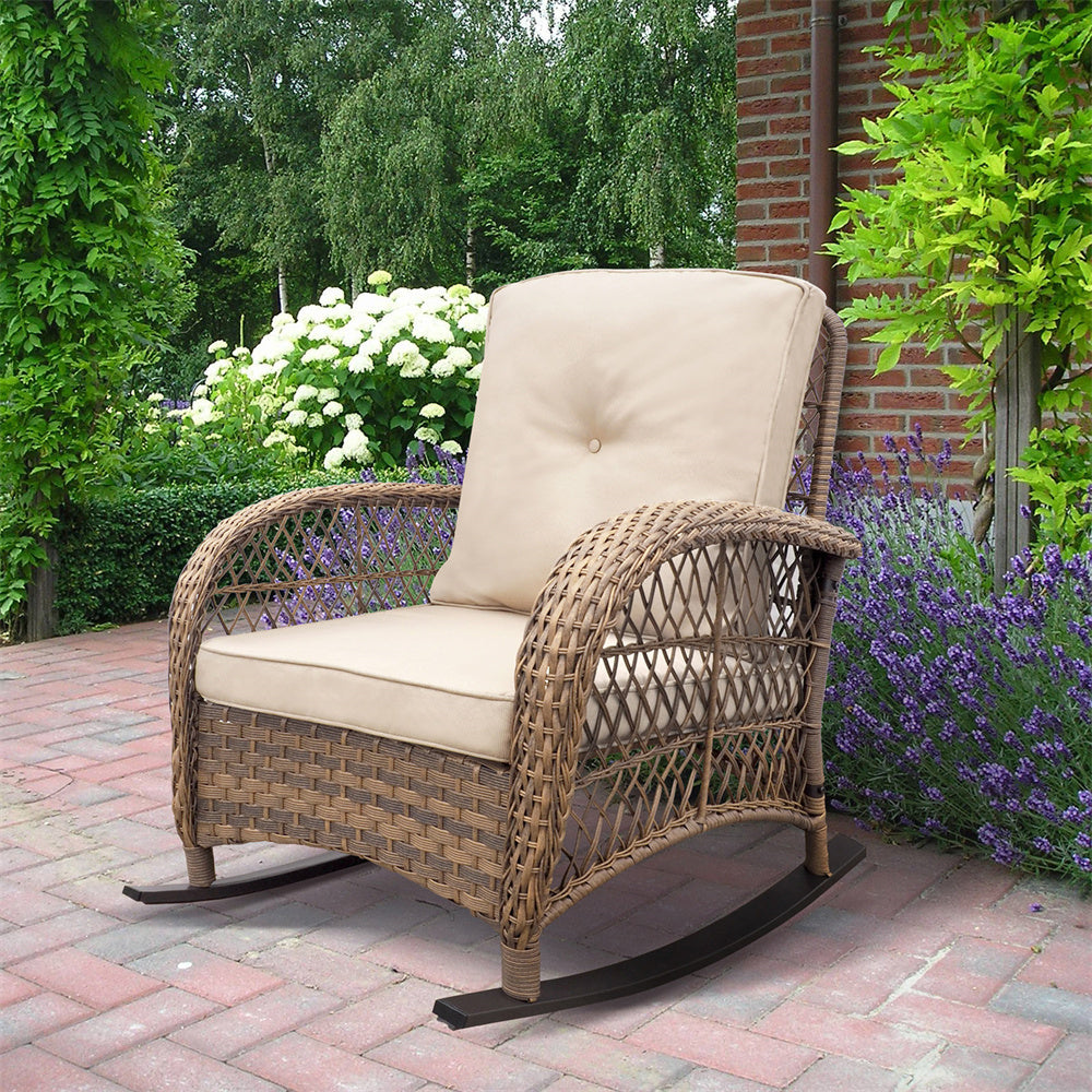 JP Outdoor Modern Farmhouse Wicker Rocking Chair for Outdoor Patio,Khaki(Beige Wicker)