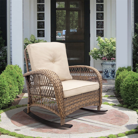 JP Outdoor Modern Farmhouse Wicker Rocking Chair for Outdoor Patio,Khaki(Beige Wicker)