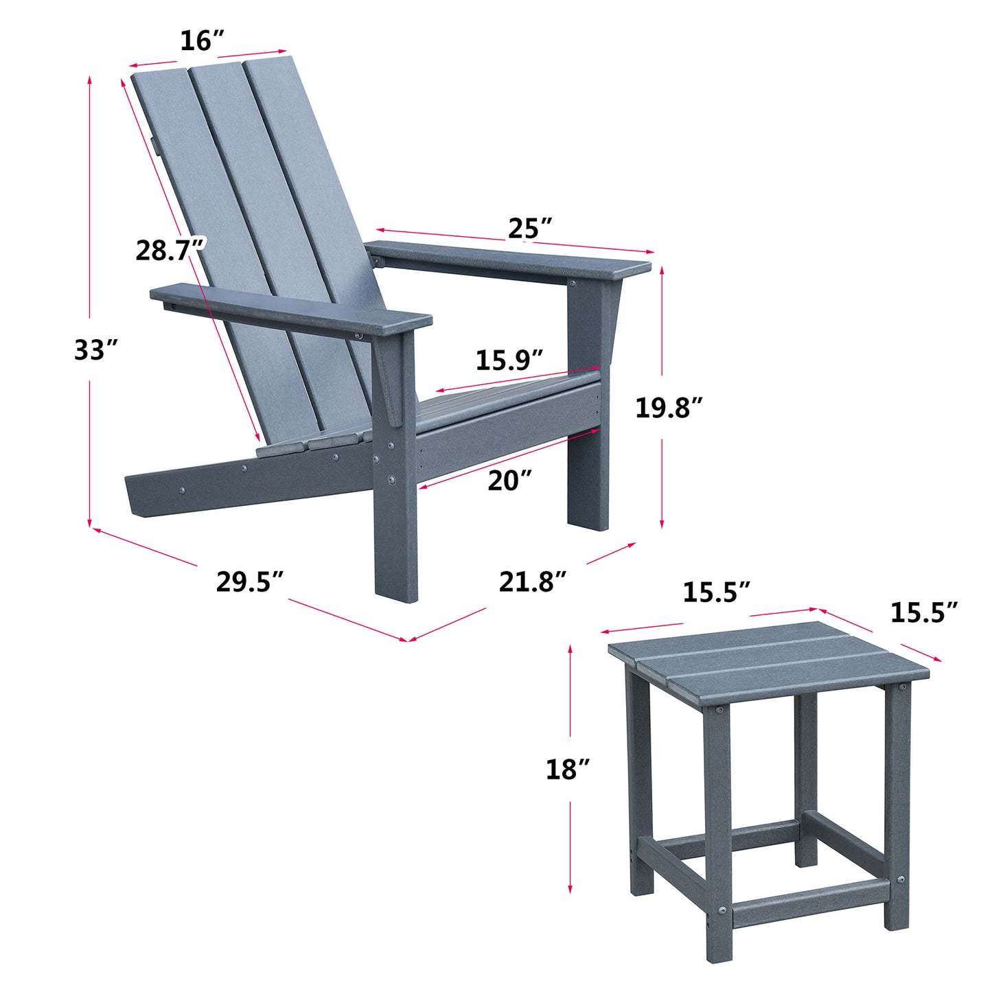 JP OUTDOOR Durable Comfortable Weather-resistant Adirondack Chairs Set of 2 with Table, HDPE Plastic for Outdoor, Gray