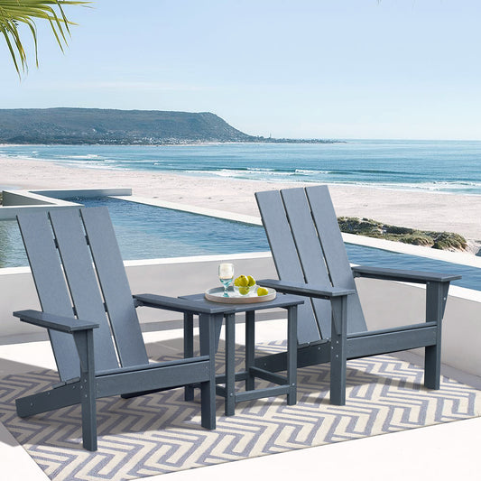 JP OUTDOOR Durable Comfortable Weather-resistant Adirondack Chairs Set of 2 with Table, HDPE Plastic for Outdoor, Gray