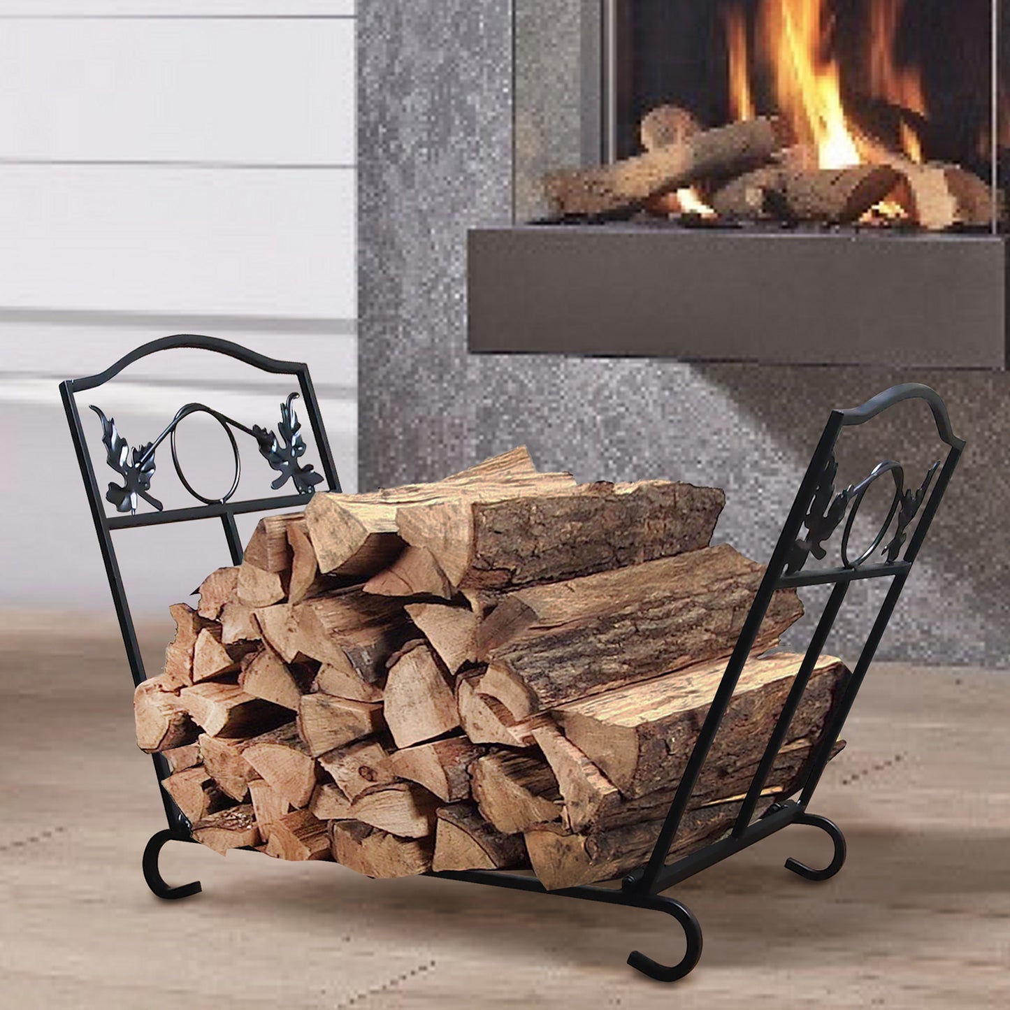 JP OUTDOOR 13.3"L*12.3" W*15.2" H Foldable Steel Firewood Log Rack for Outdoor Indoor Fireplace, Black