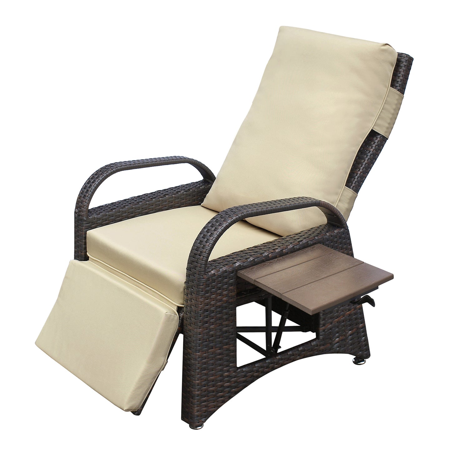 JP Outdoor Wicker Recliner Chair Cushion, Patio Rattan Lounge Recliner with Flip Table, Khaki