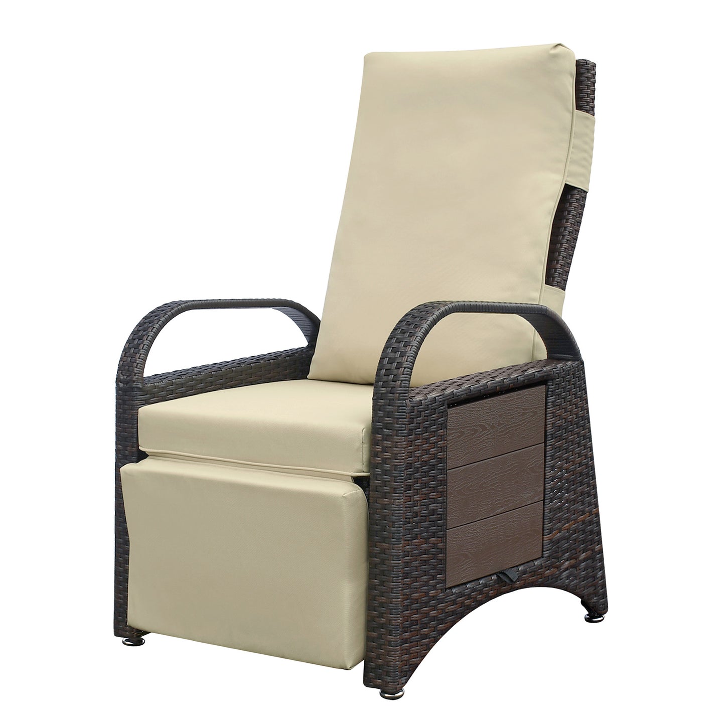 JP Outdoor Wicker Recliner Chair Cushion, Patio Rattan Lounge Recliner with Flip Table, Khaki
