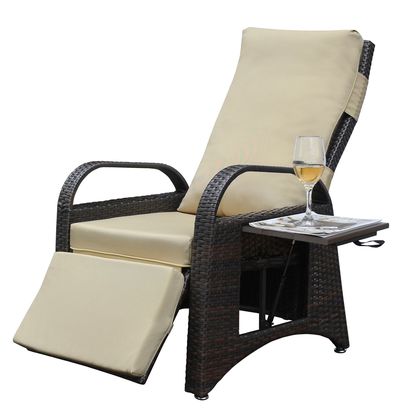 JP Outdoor Wicker Recliner Chair Cushion, Patio Rattan Lounge Recliner with Flip Table, Khaki