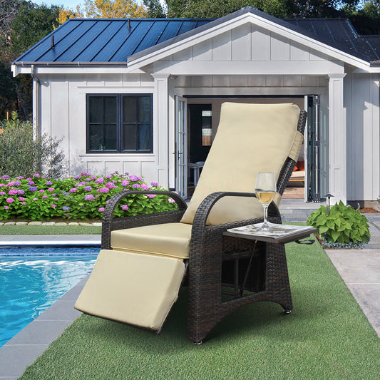 JP Outdoor Wicker Recliner Chair Cushion, Patio Rattan Lounge Recliner with Flip Table, Khaki
