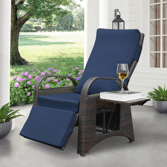 JP Outdoor Rattan Recliner Chair with Cushion,PE Wicker Patio Recliner with Flip Table,Navy Blue