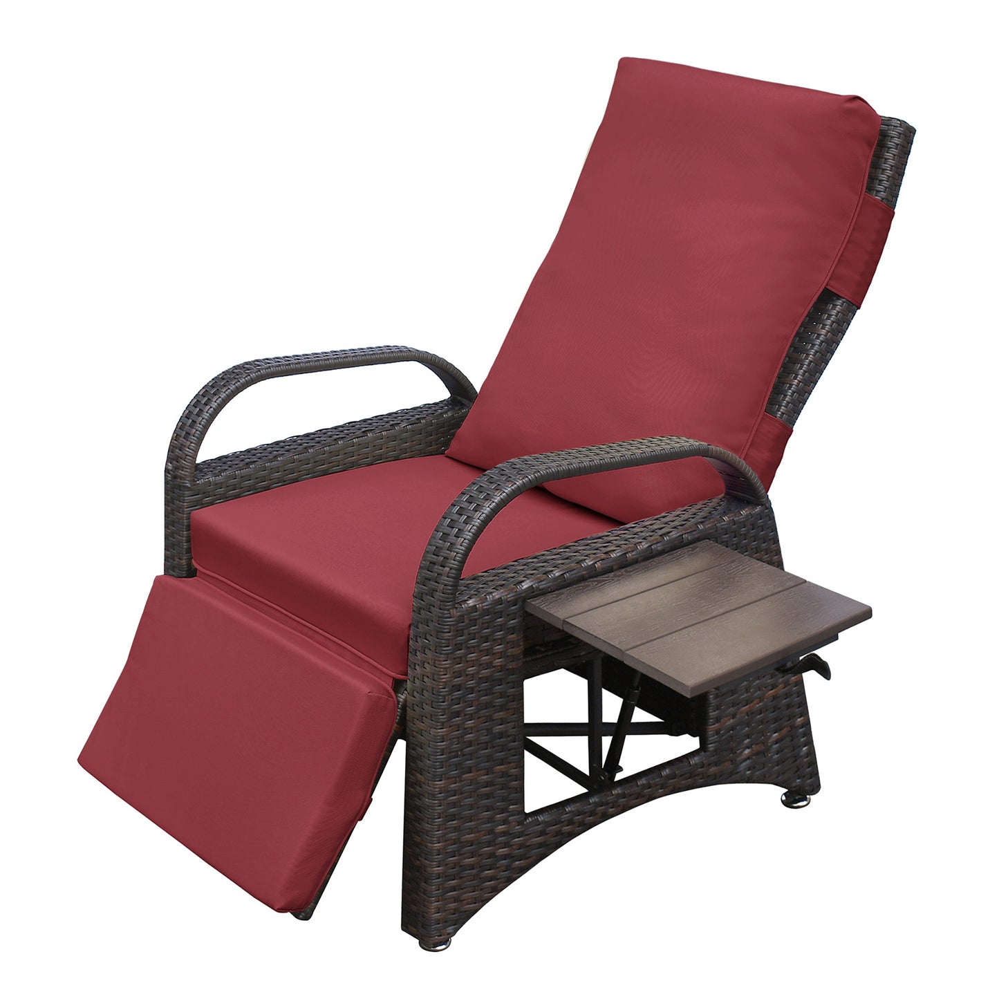JP Outdoor Rattan Recliner Chair Cushion,PE Wicker Patio Recliner with Flip Table,Red