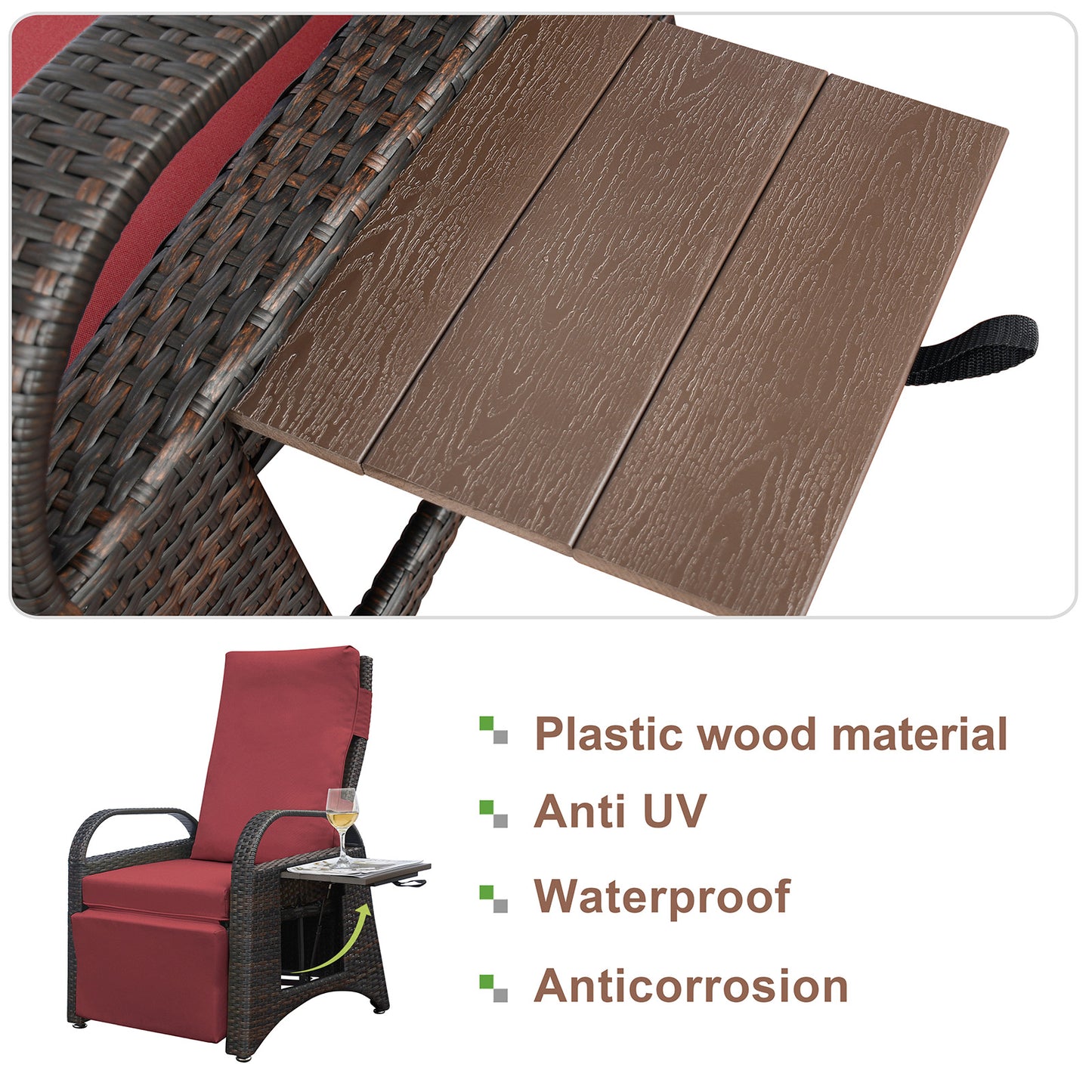 JP Outdoor Rattan Recliner Chair Cushion,PE Wicker Patio Recliner with Flip Table,Red
