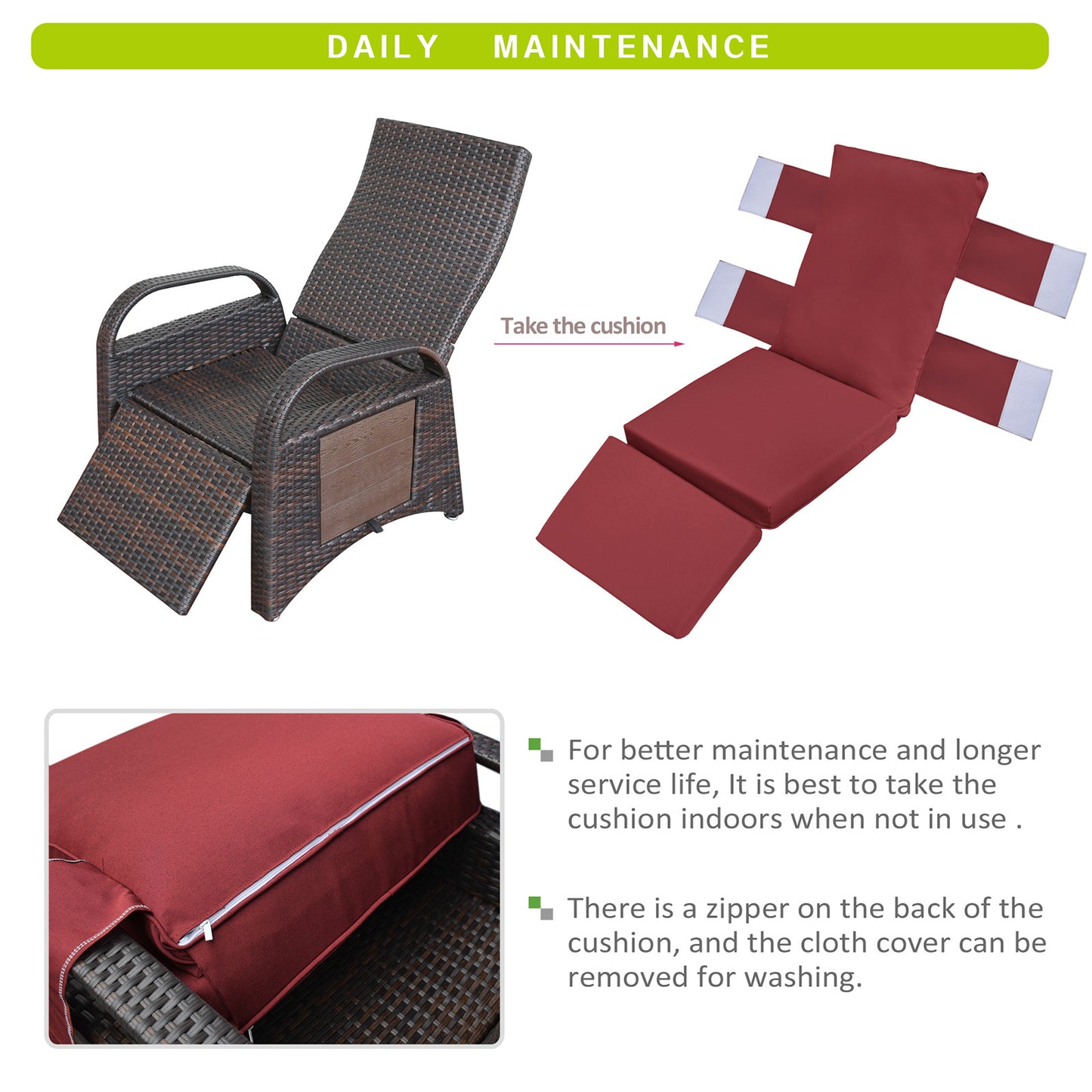 JP Outdoor Rattan Recliner Chair Cushion,PE Wicker Patio Recliner with Flip Table,Red