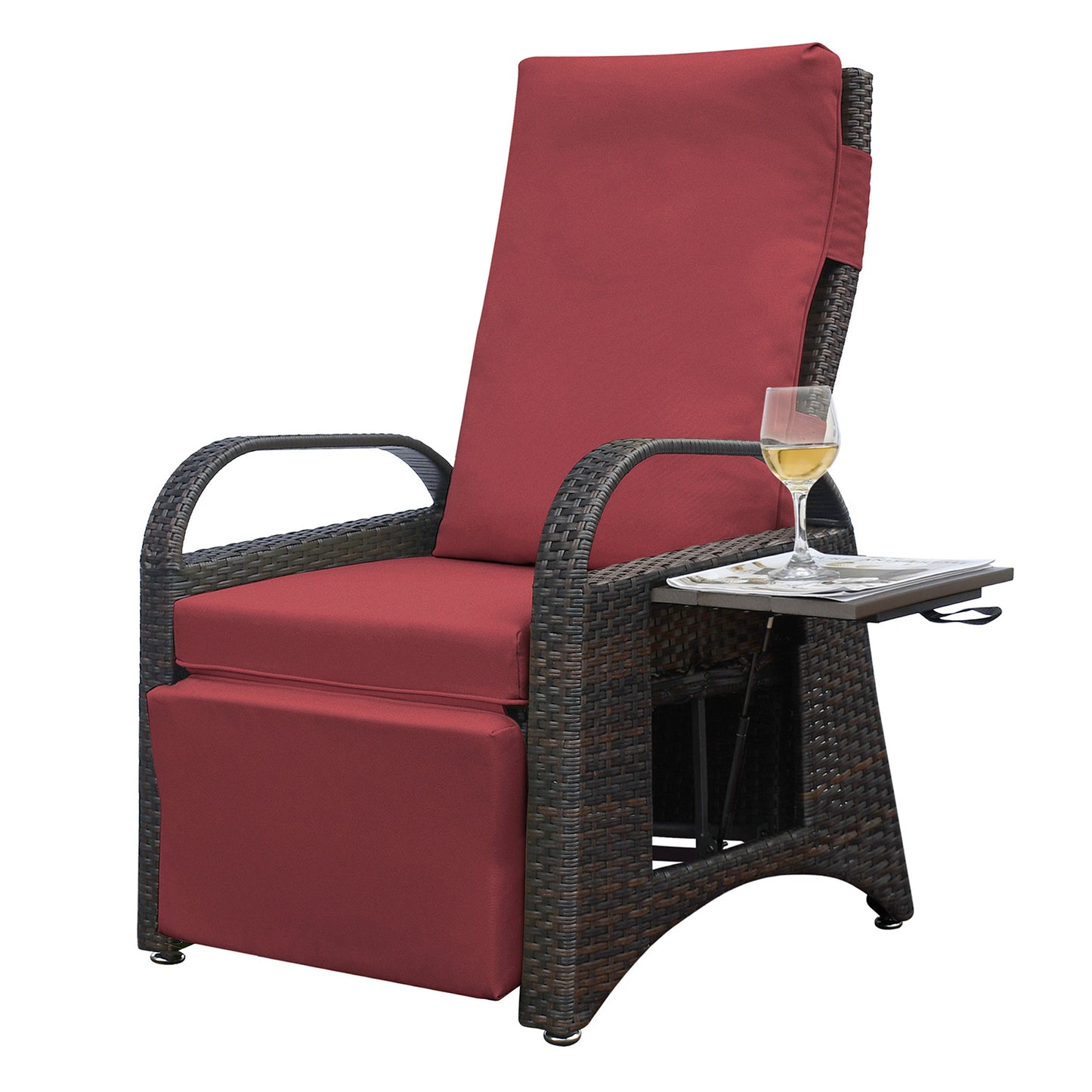 JP Outdoor Rattan Recliner Chair Cushion,PE Wicker Patio Recliner with Flip Table,Red