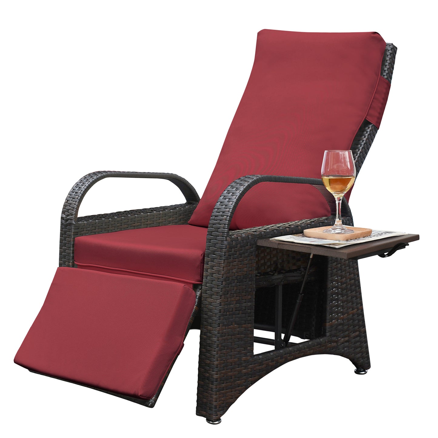 JP Outdoor Rattan Recliner Chair Cushion,PE Wicker Patio Recliner with Flip Table,Red