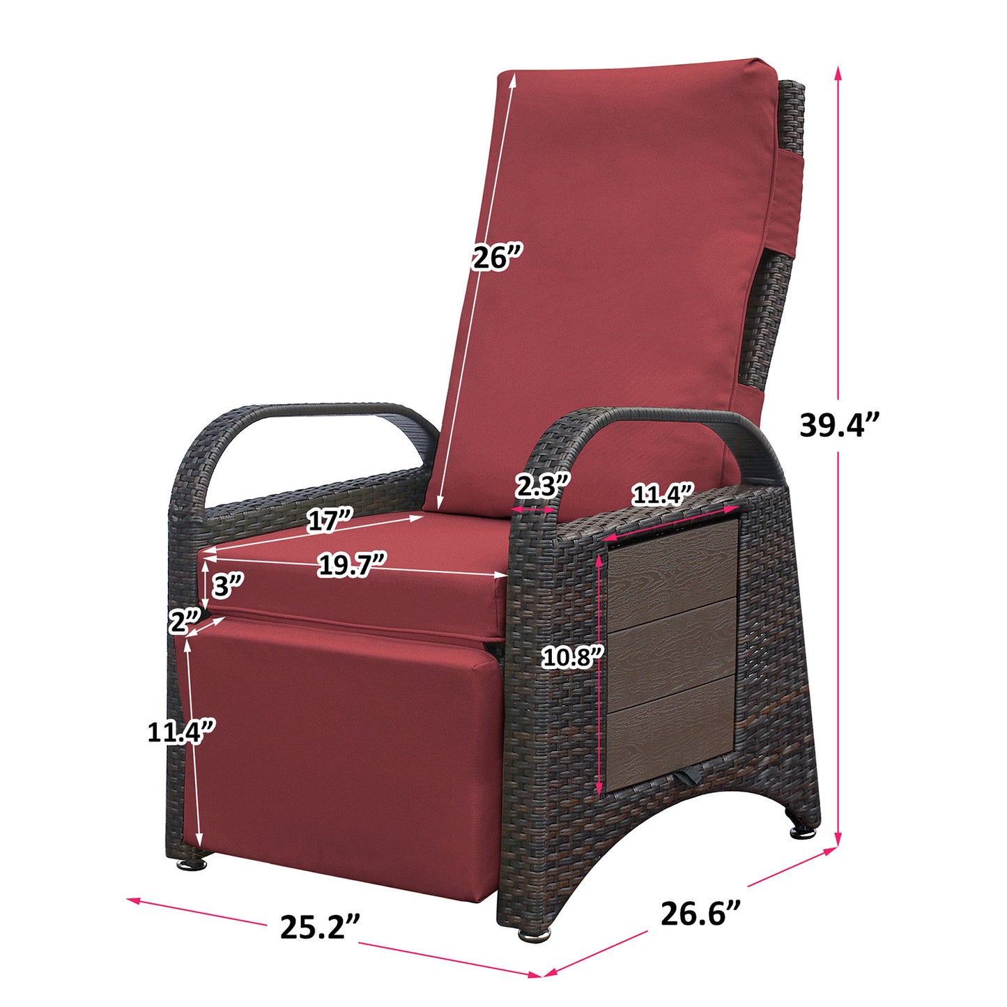 JP Outdoor Rattan Recliner Chair Cushion,PE Wicker Patio Recliner with Flip Table,Red
