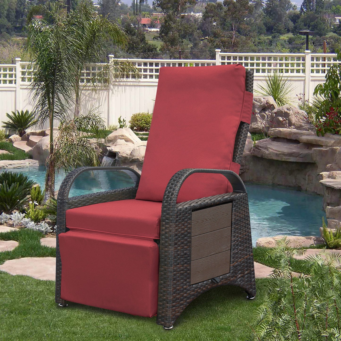 JP Outdoor Rattan Recliner Chair Cushion,PE Wicker Patio Recliner with Flip Table,Red