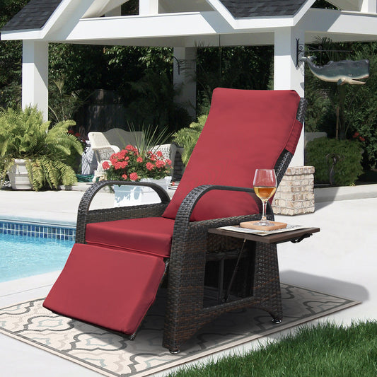 JP Outdoor Rattan Recliner Chair Cushion,PE Wicker Patio Recliner with Flip Table,Red