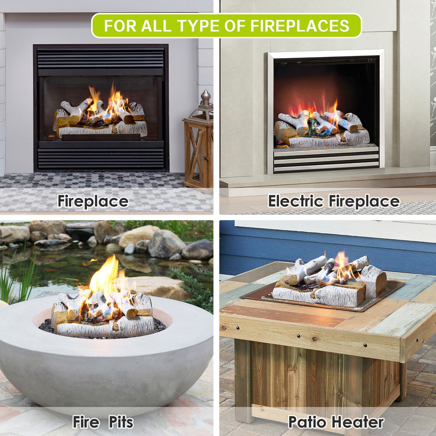 JP OUTDOOR 5PCS Gas Fireplace Log Set, Ceramic Gas Logs for Indoor Outdoor