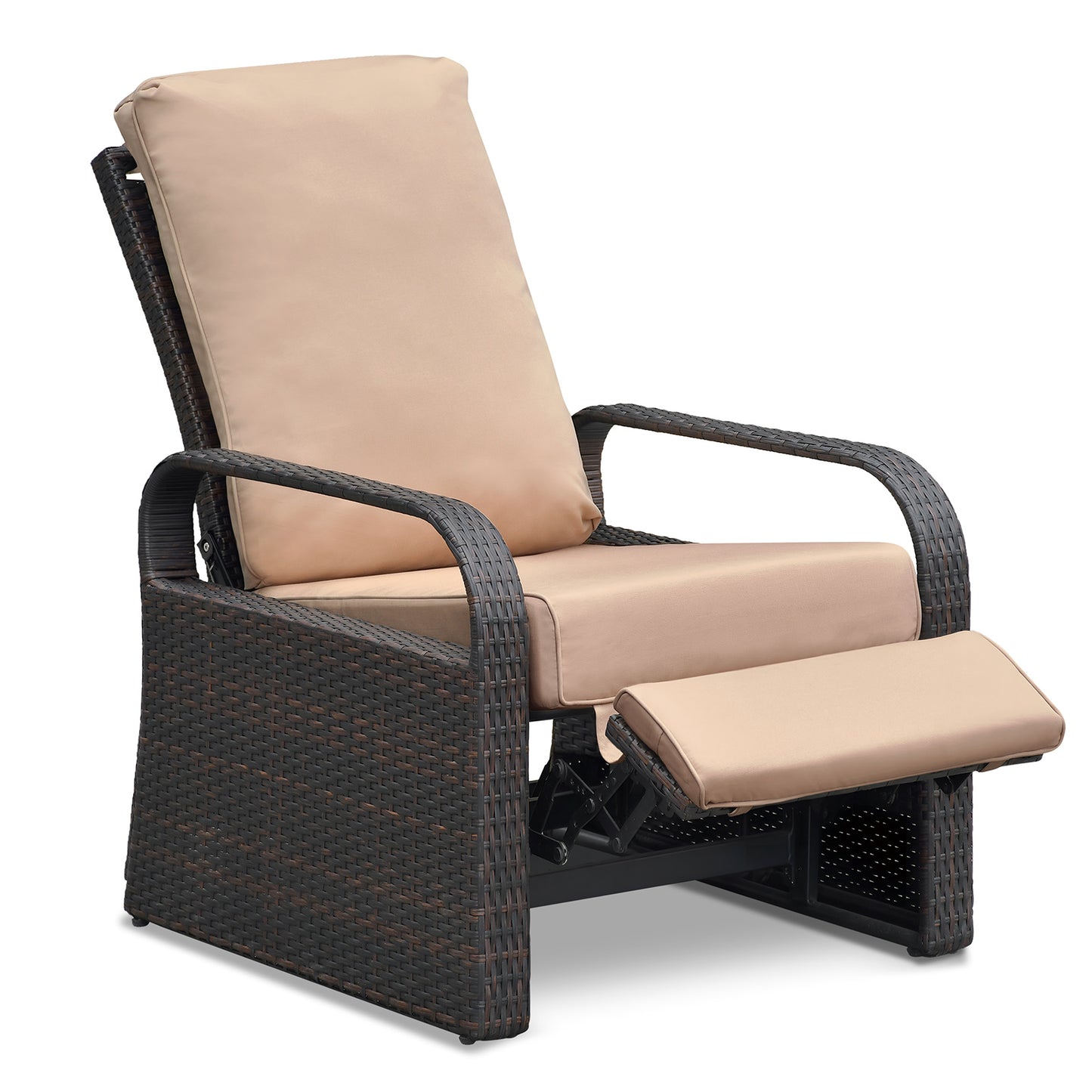 JP Outdoor Outdoor Durable Hand-woven Wicker Recliner Chair with Fade Resistant Cushion, Khaki
