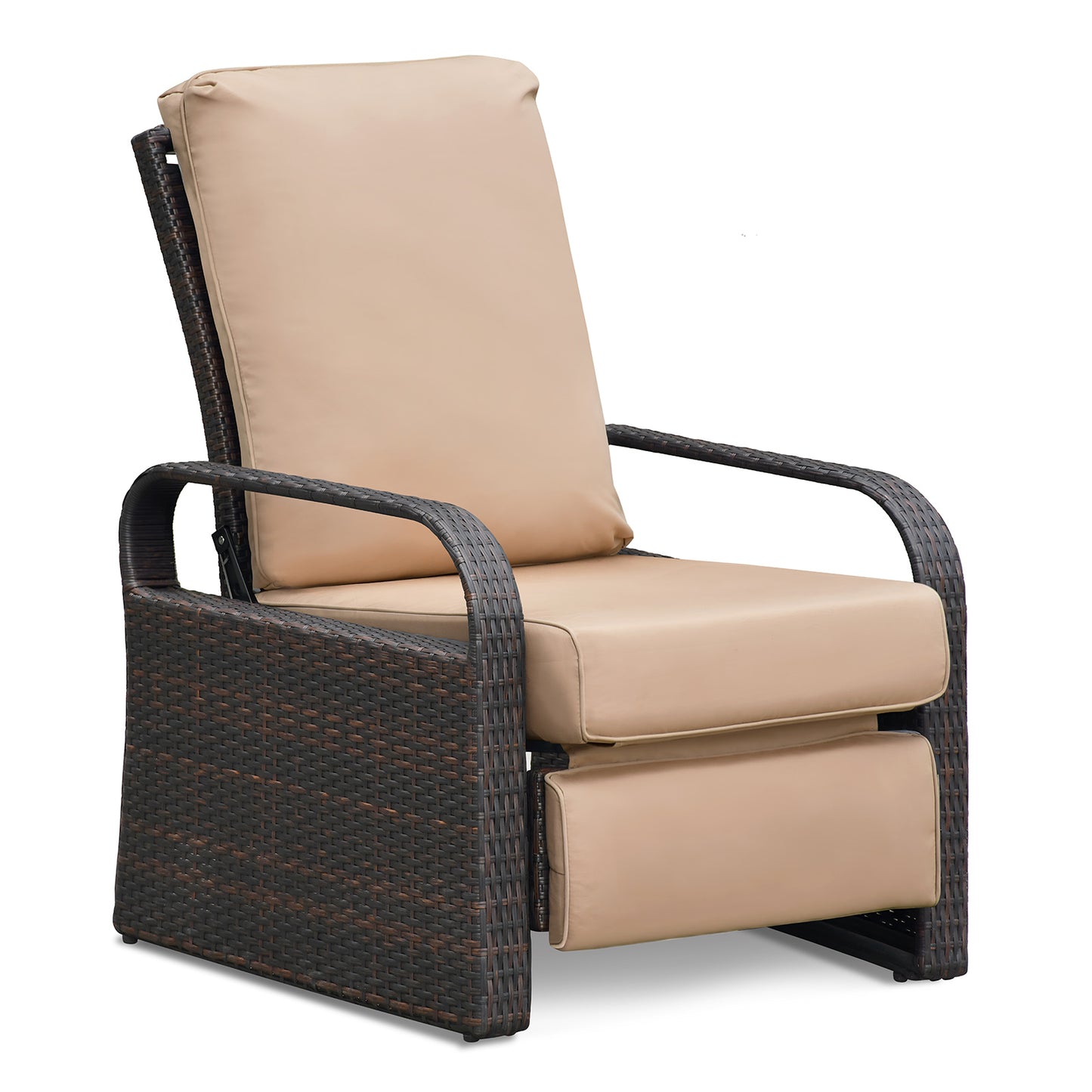JP Outdoor Outdoor Durable Hand-woven Wicker Recliner Chair with Fade Resistant Cushion, Khaki