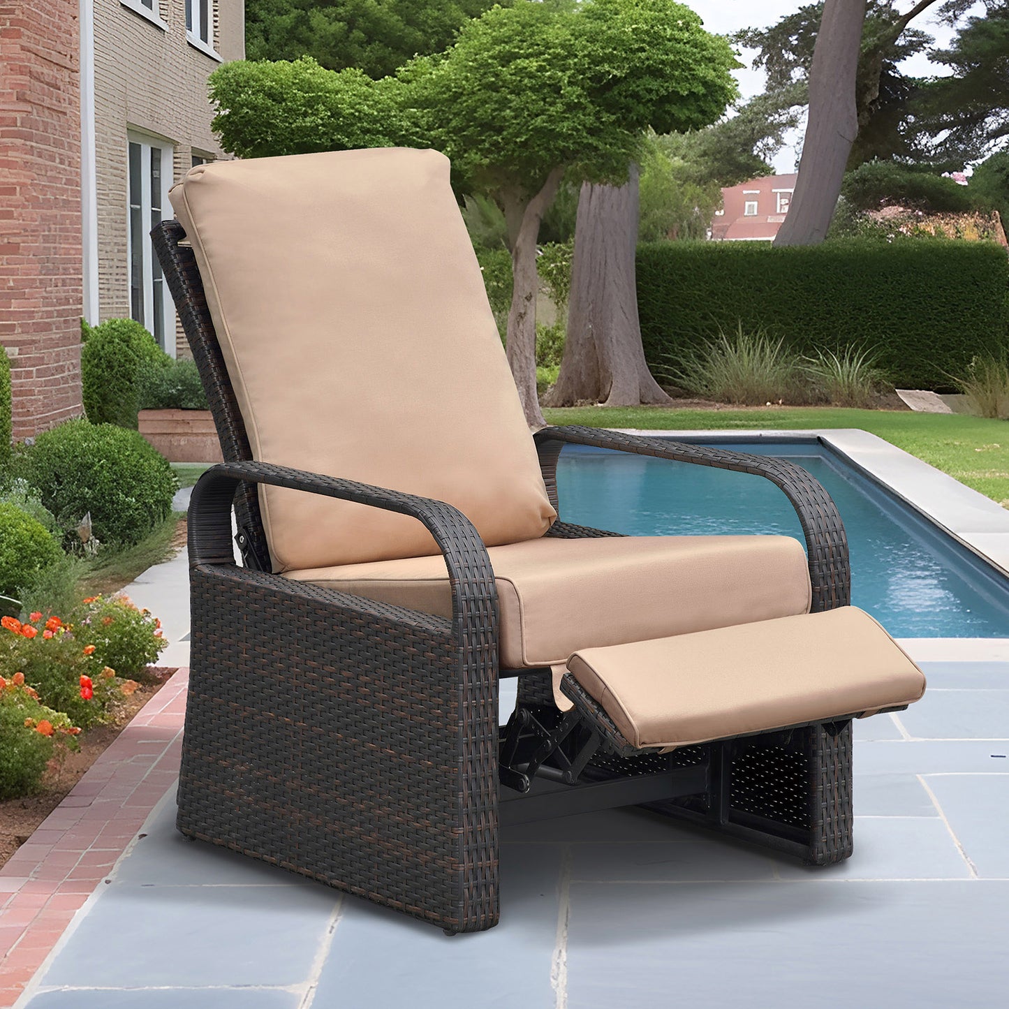 JP Outdoor Outdoor Durable Hand-woven Wicker Recliner Chair with Fade Resistant Cushion, Khaki