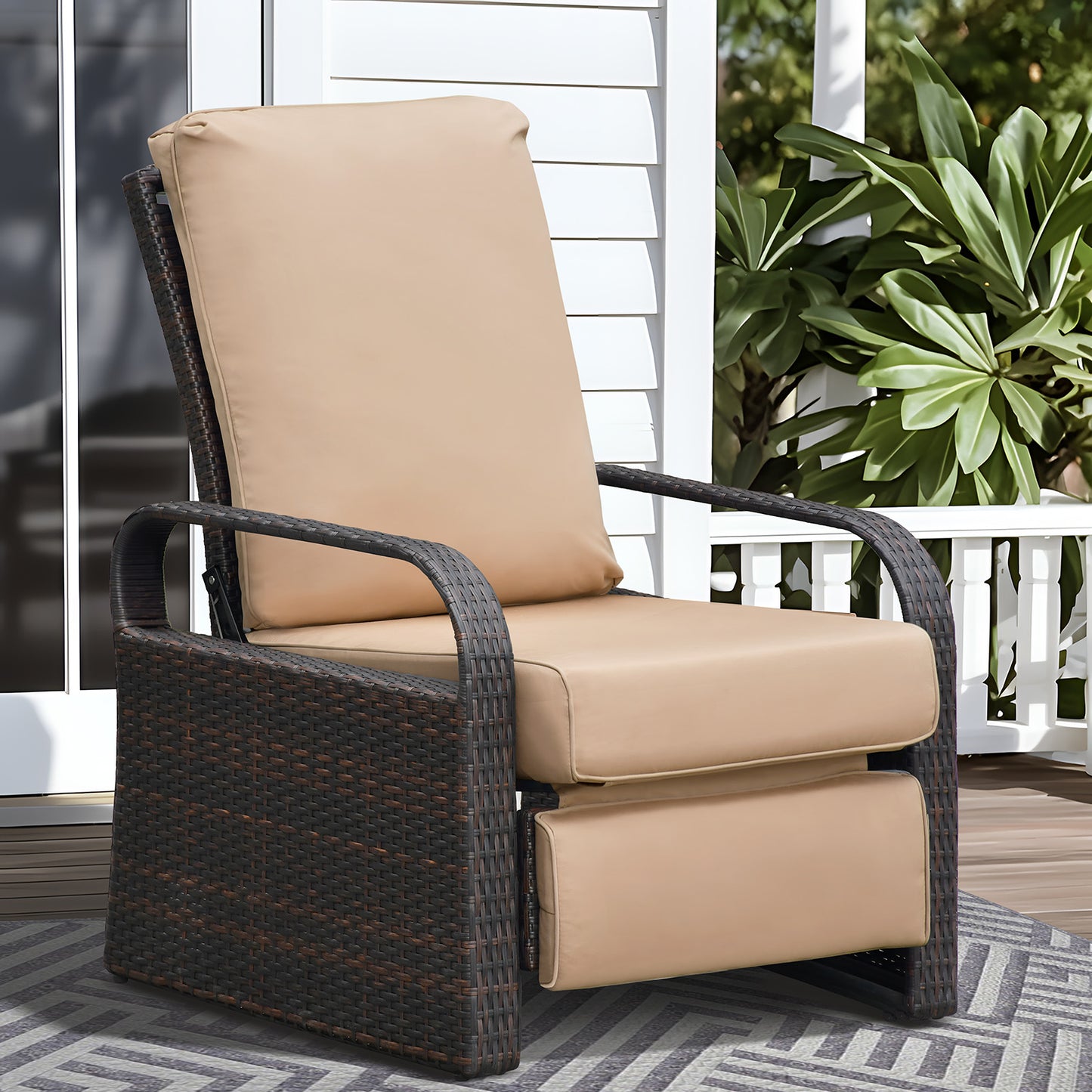 JP Outdoor Outdoor Durable Hand-woven Wicker Recliner Chair with Fade Resistant Cushion, Khaki
