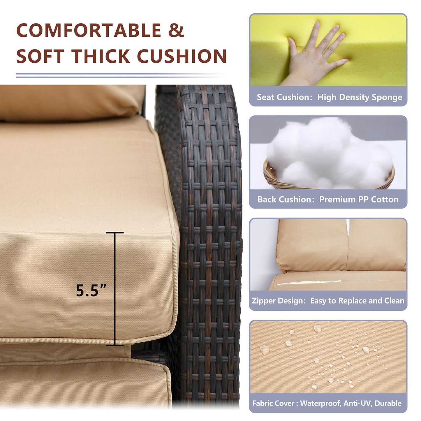 JP Outdoor Outdoor Durable Hand-woven Wicker Recliner Chair with Fade Resistant Cushion, Khaki