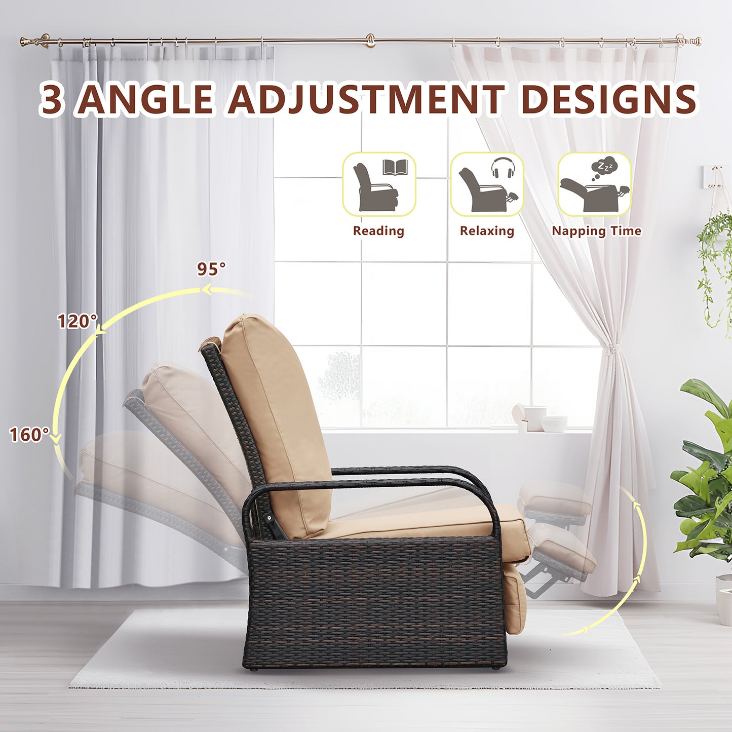 JP Outdoor Outdoor Durable Hand-woven Wicker Recliner Chair with Fade Resistant Cushion, Khaki