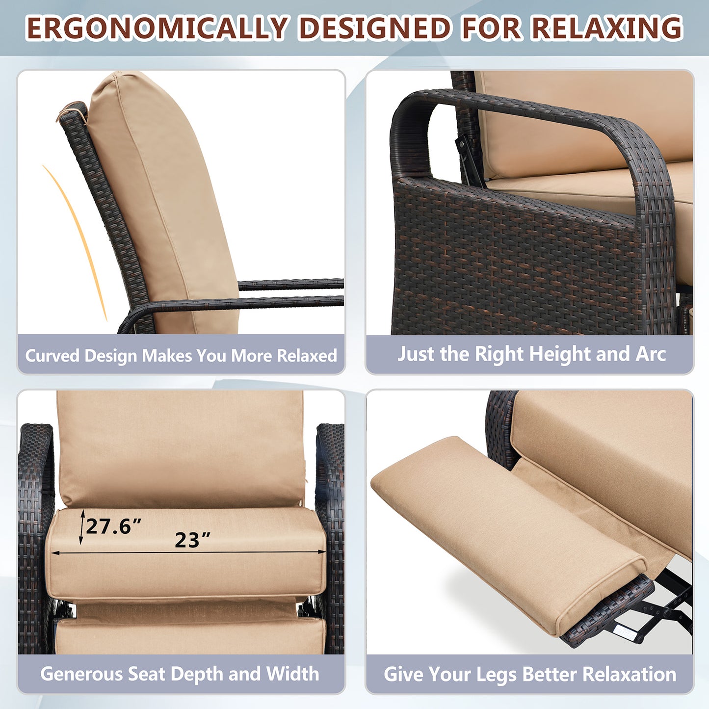 JP Outdoor Outdoor Durable Hand-woven Wicker Recliner Chair with Fade Resistant Cushion, Khaki