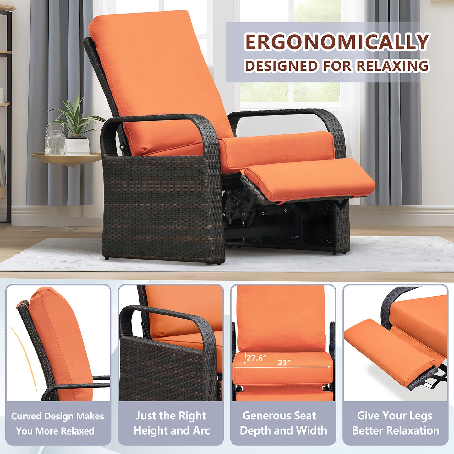 JP Outdoor Indoor Outdoor Wicker Recliner Patio Chair with Waterproof Cushions, Orange