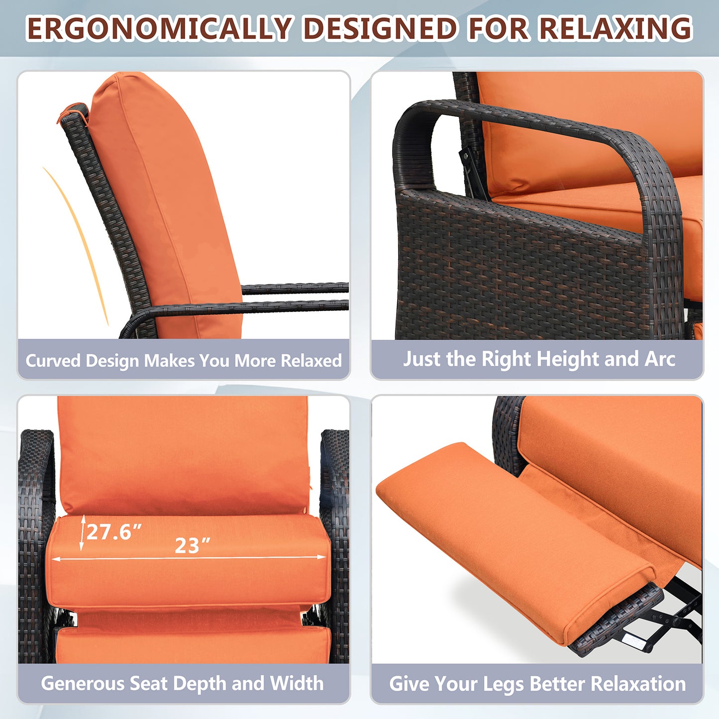 JP Outdoor Indoor Outdoor Wicker Recliner Patio Chair with Waterproof Cushions, Orange