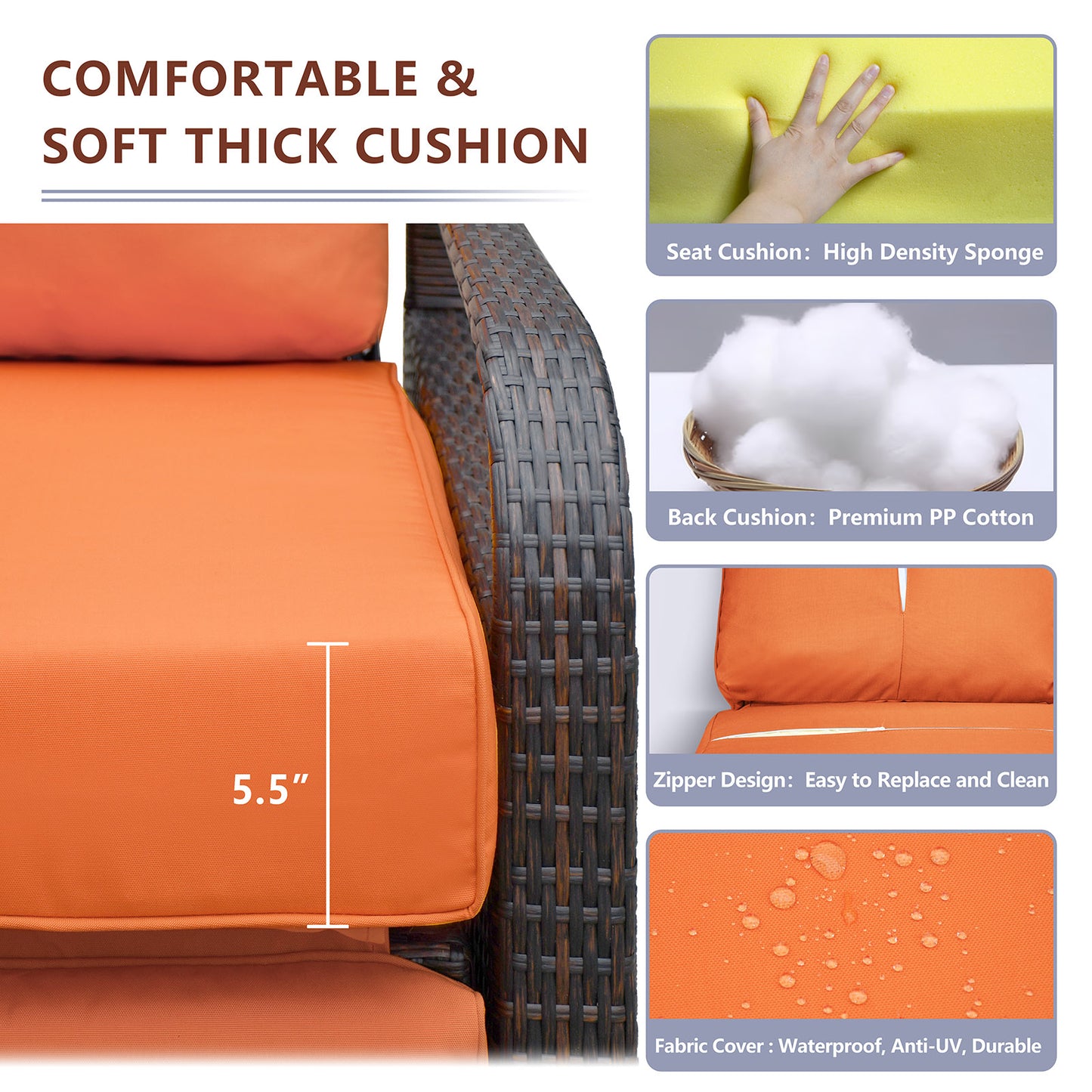 JP Outdoor Indoor Outdoor Wicker Recliner Patio Chair with Waterproof Cushions, Orange