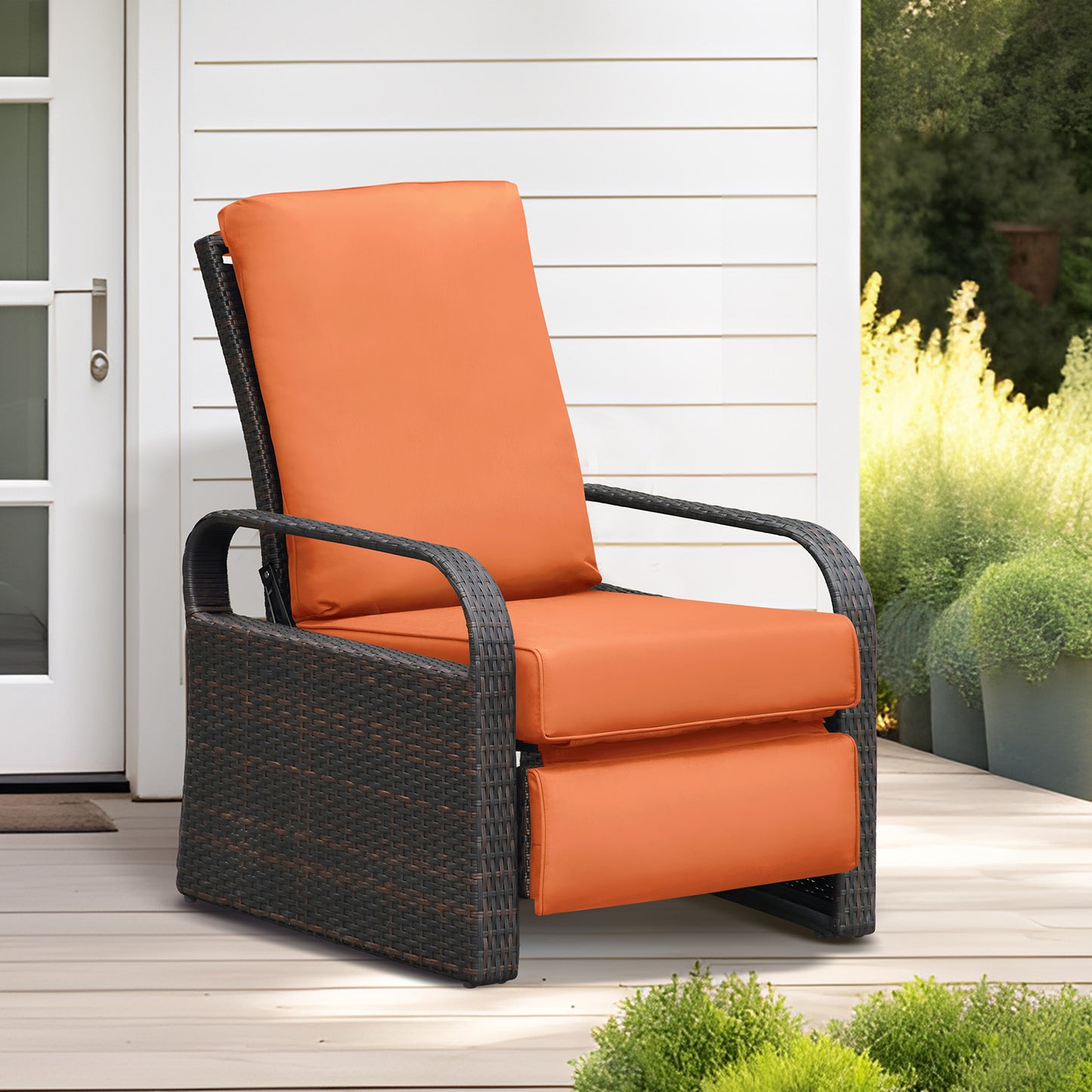 JP Outdoor Indoor Outdoor Wicker Recliner Patio Chair with Waterproof Cushions, Orange