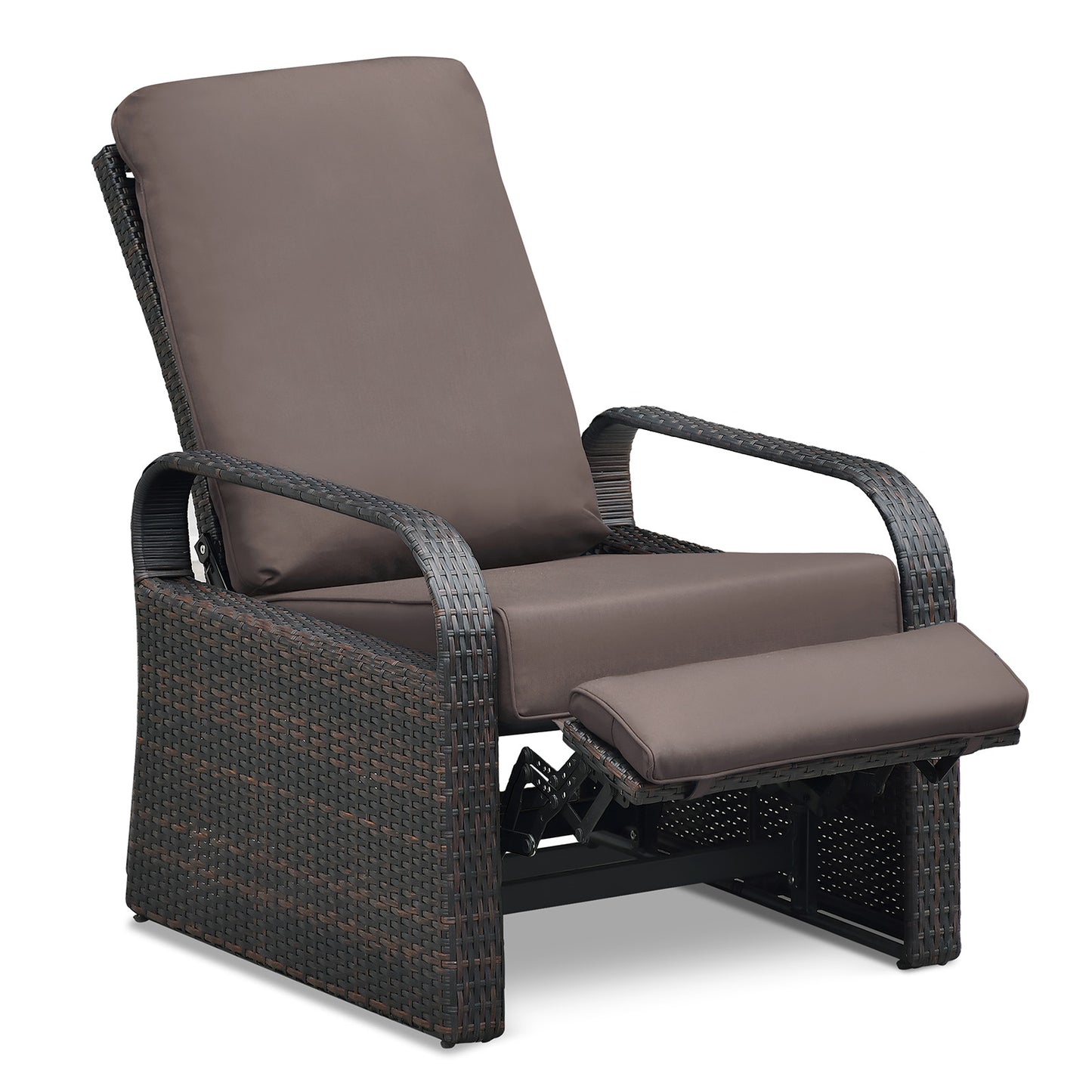 JP Outdoor Outdoor Aluminum Frame Adjustable Wicker Recliner Chair with Fade Resistant Cushion, Brown