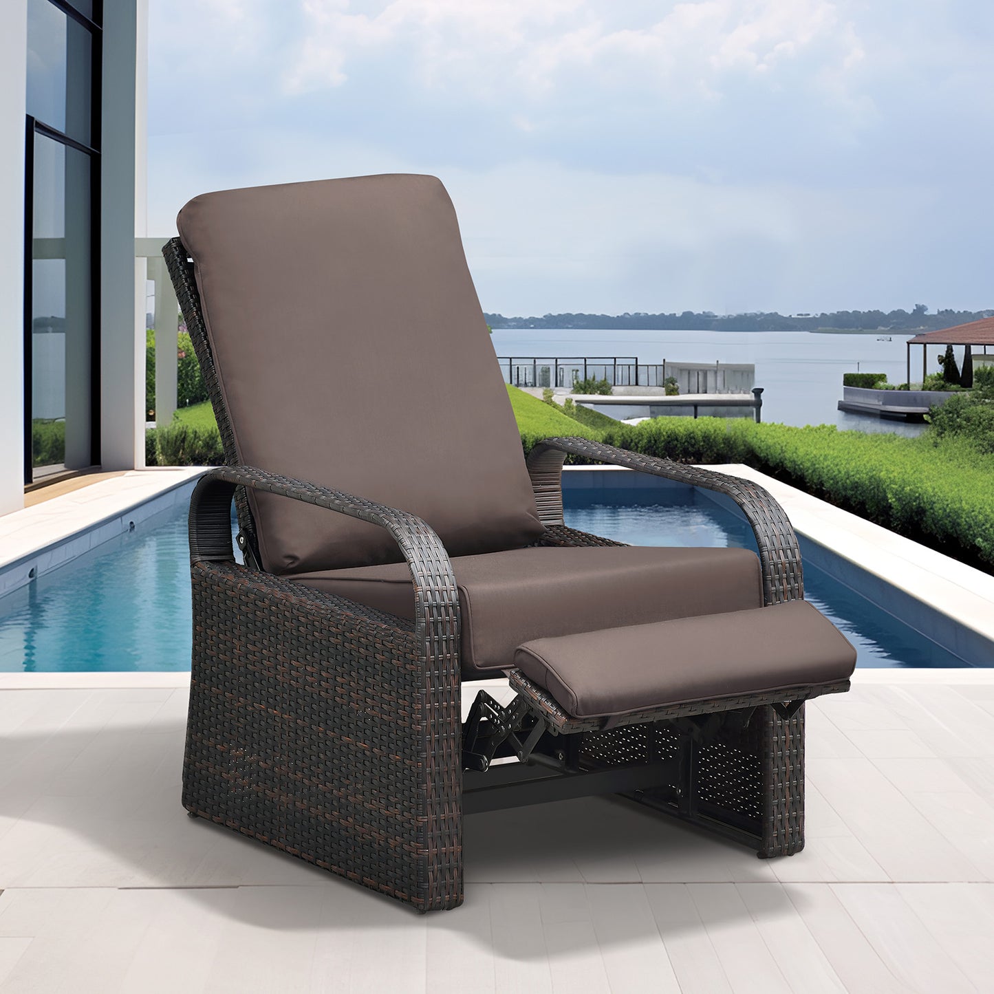 JP Outdoor Outdoor Aluminum Frame Adjustable Wicker Recliner Chair with Fade Resistant Cushion, Brown