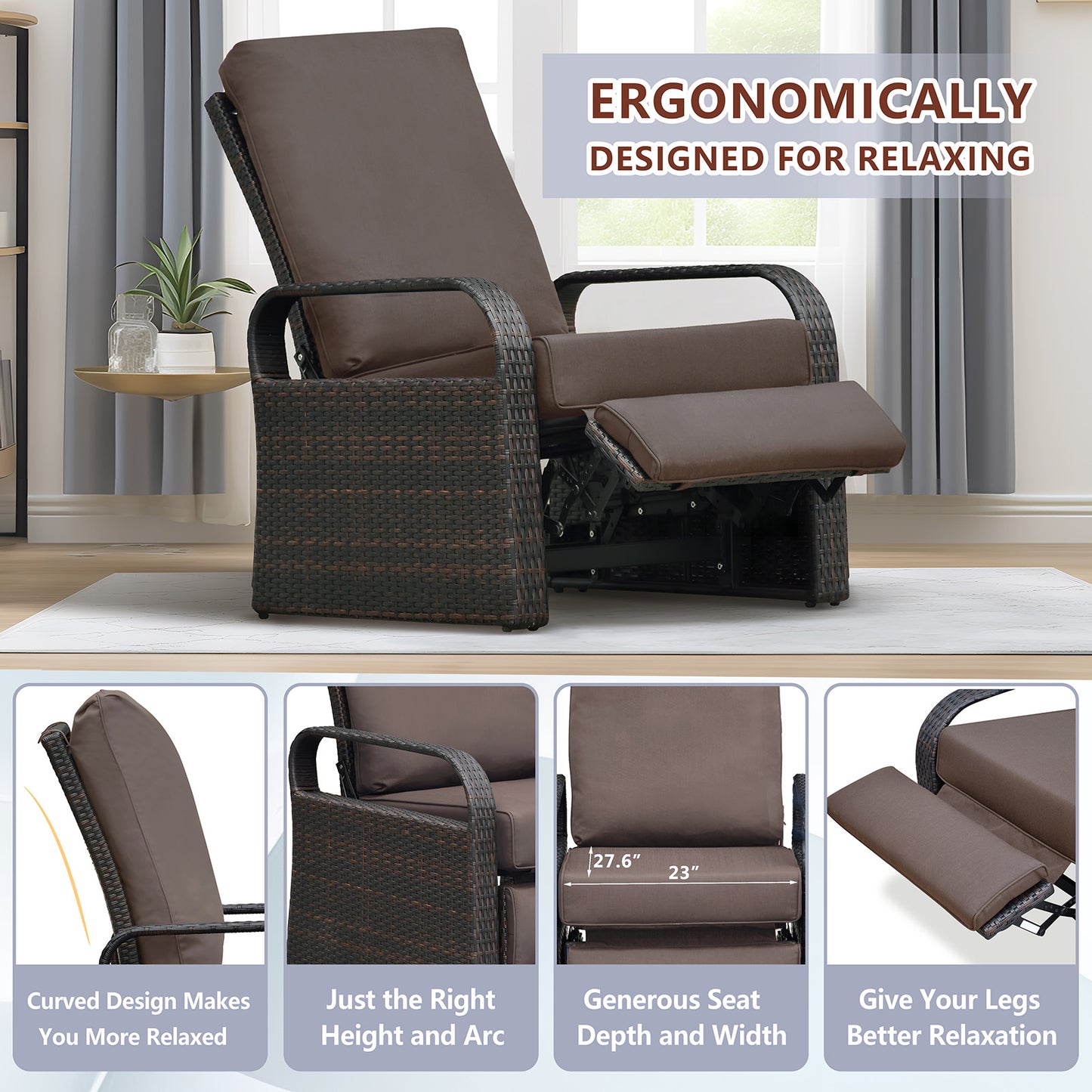 JP Outdoor Outdoor Aluminum Frame Adjustable Wicker Recliner Chair with Fade Resistant Cushion, Brown