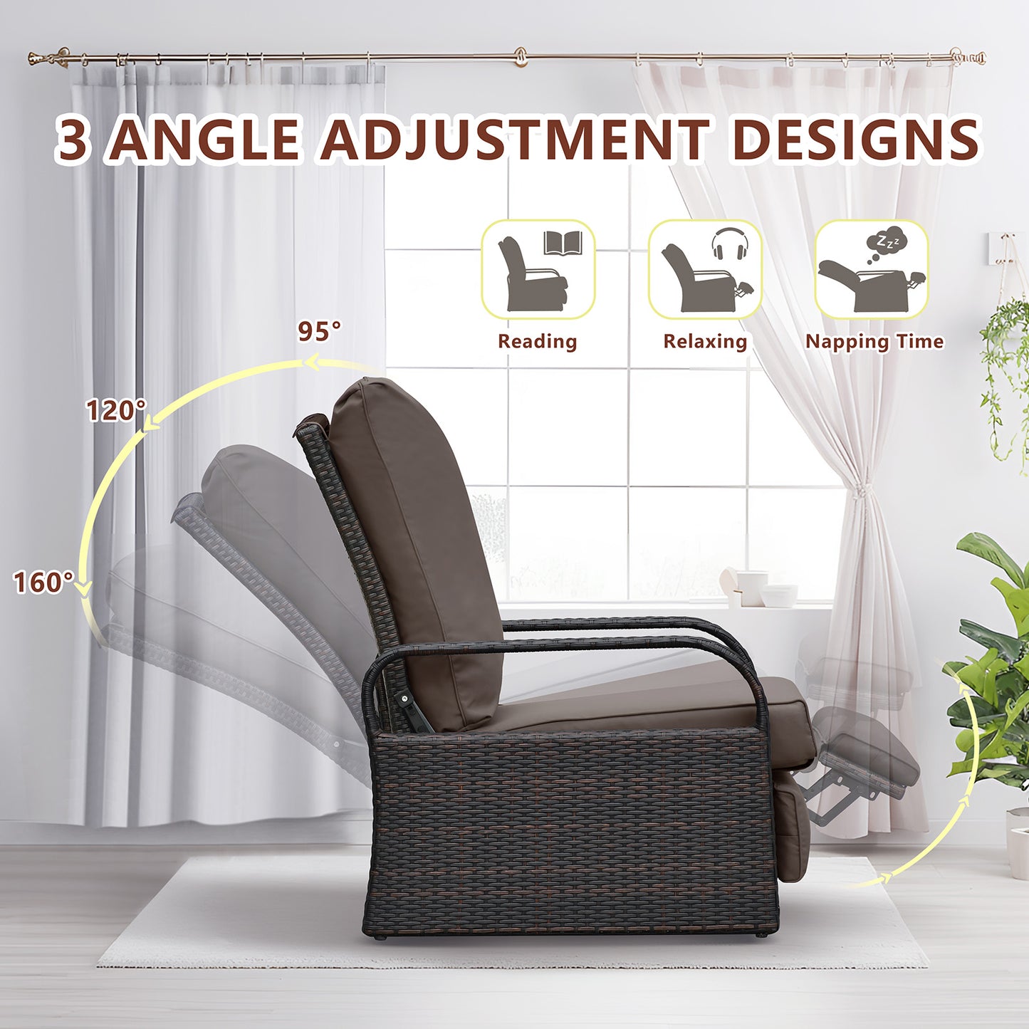 JP Outdoor Outdoor Aluminum Frame Adjustable Wicker Recliner Chair with Fade Resistant Cushion, Brown