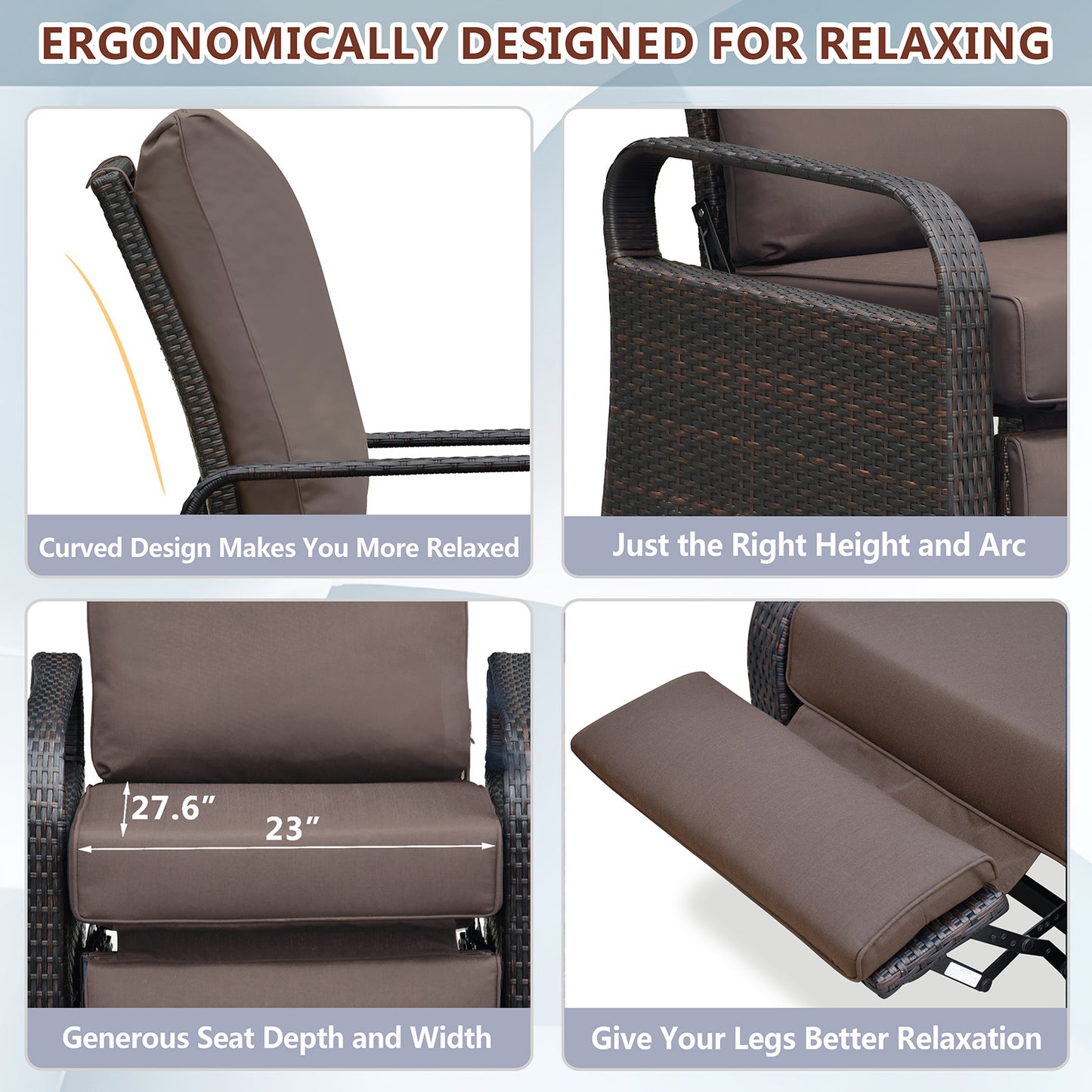 JP Outdoor Outdoor Aluminum Frame Adjustable Wicker Recliner Chair with Fade Resistant Cushion, Brown