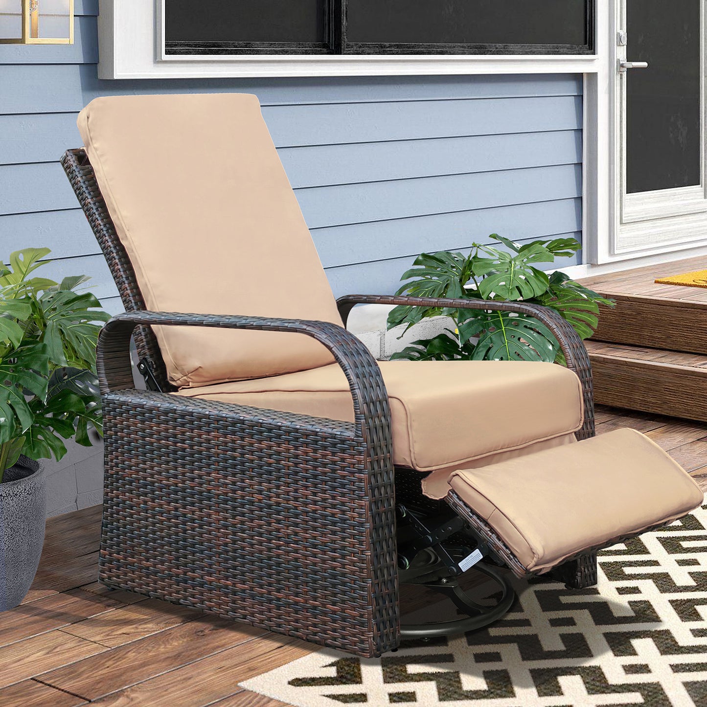 JP OUTDOOR Outdoor Patio Resin Wicker Swivel Rocker Recliner with All-Weather Waterproof, Kahki