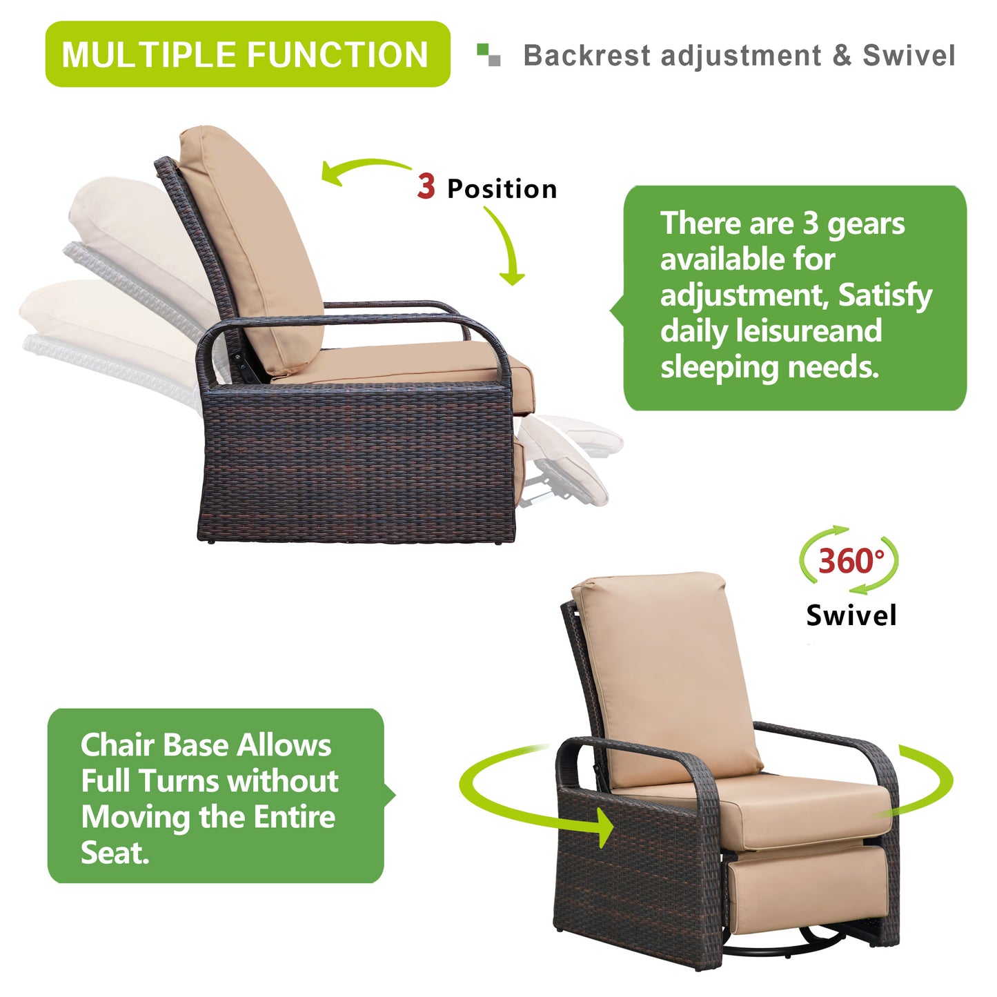 JP OUTDOOR Outdoor Patio Resin Wicker Swivel Rocker Recliner with All-Weather Waterproof, Kahki