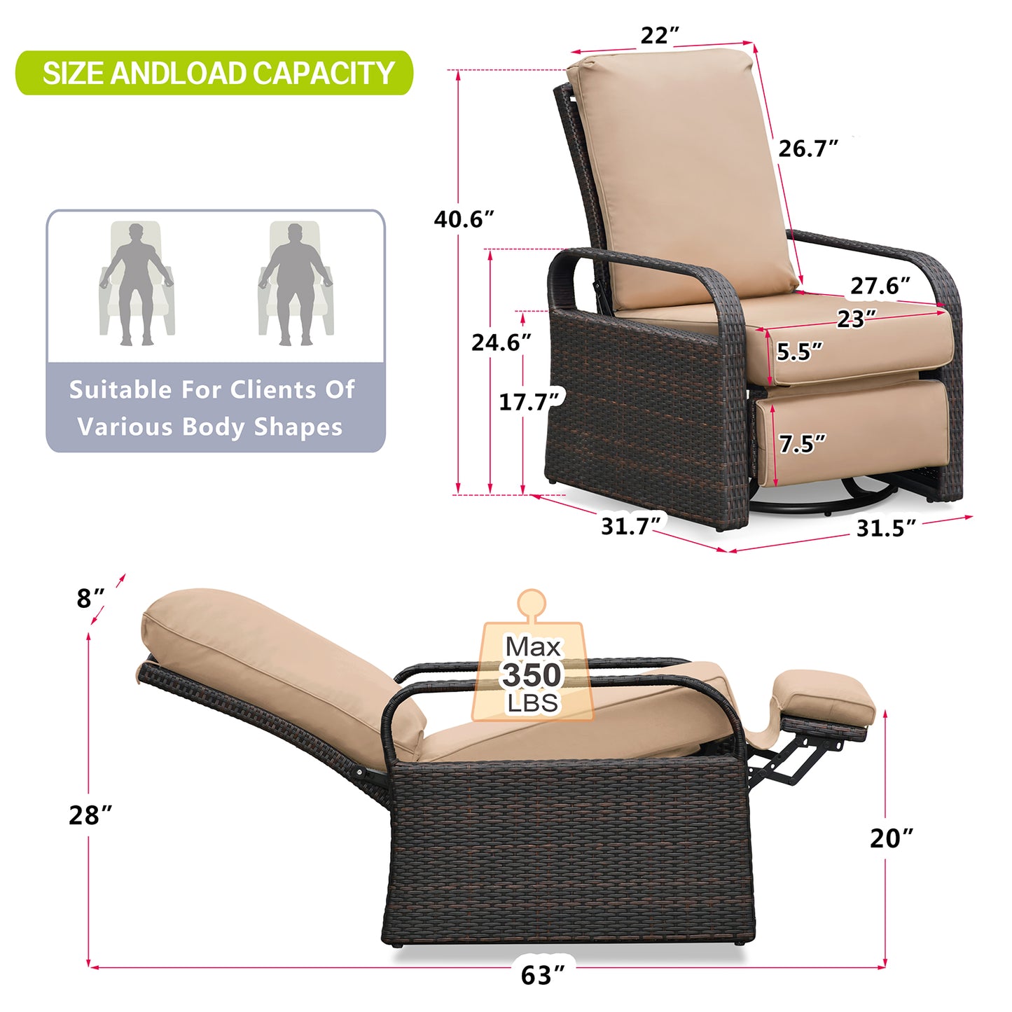 JP OUTDOOR Outdoor Patio Resin Wicker Swivel Rocker Recliner with All-Weather Waterproof, Kahki