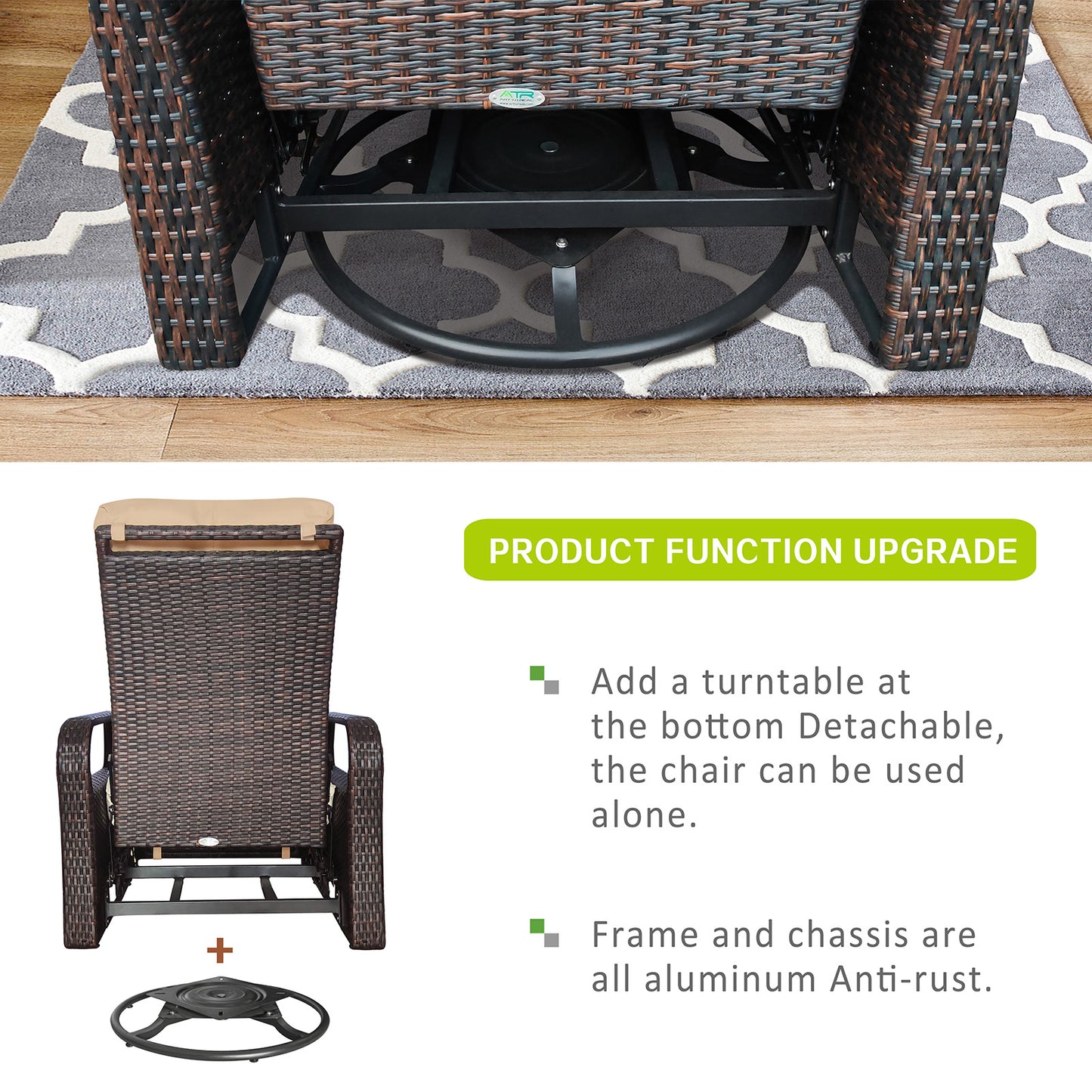 JP OUTDOOR Outdoor Patio Resin Wicker Swivel Rocker Recliner with All-Weather Waterproof, Kahki